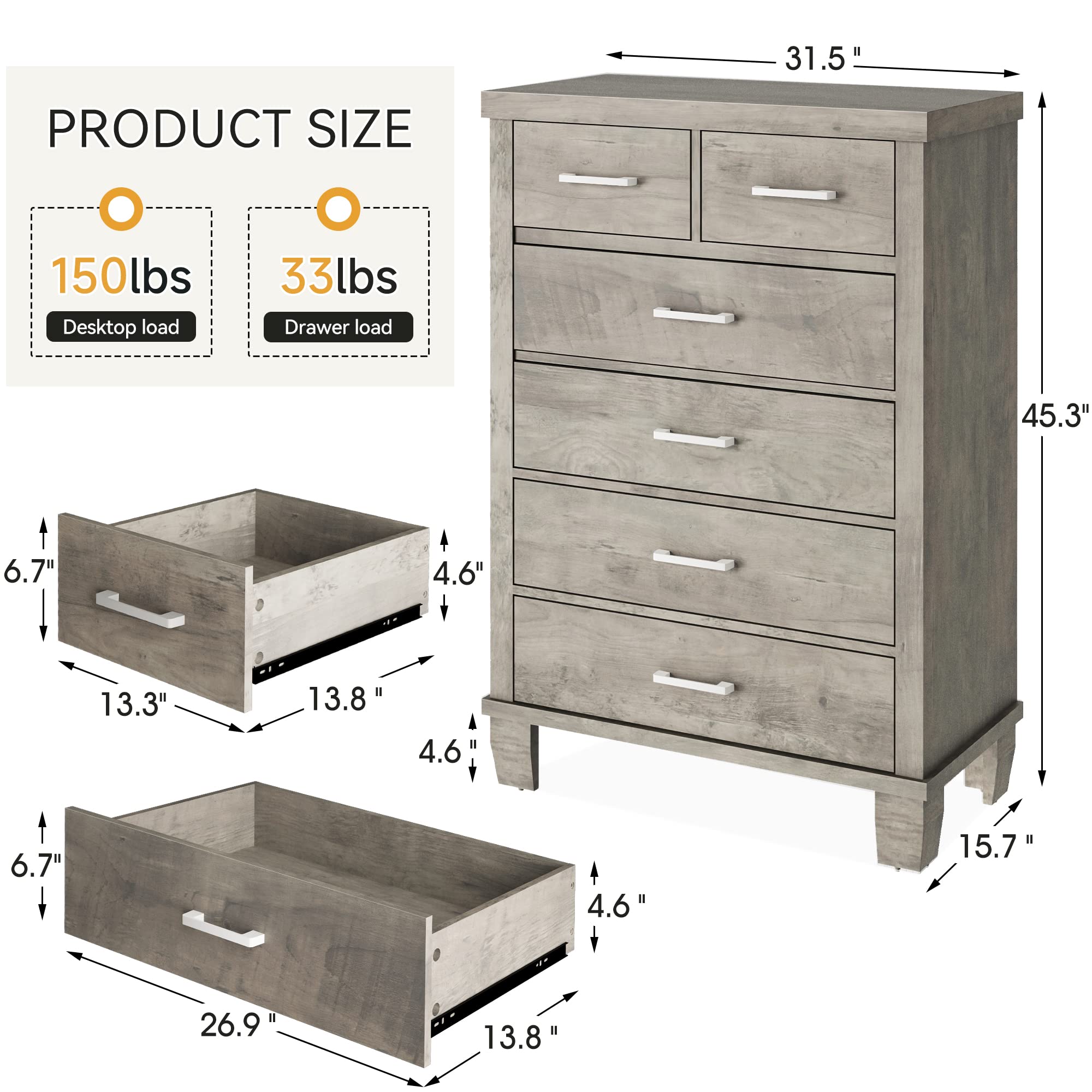PRODUCT SIZE

- Desktop load: 150lbs
- Drawer load: 33lbs

Dimensions:
- Width: 31.5"
- Height: 45.3"
- Depth: 15.7"
- Drawer 1:
  - Width: 26.9"
  - Depth: 13.8"
  - Height: 6.7"
- Drawer 2:
  - Width: 13.3"
  - Depth: 13.8"
  - Height: 6.7"
- Drawer 3:
  - Width: 13.3"
  - Depth: 13.8"
  - Height: 6.7"
- Drawer 4:
  - Width: 13.3"
  - Depth: 13.8"
  - Height: 6.7"