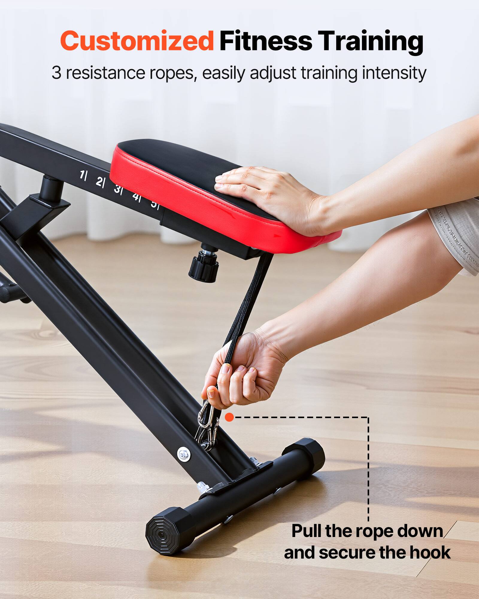 Customized Fitness Training  
3 resistance ropes, easily adjust training intensity  

Pull the rope down and secure the hook