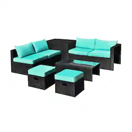 Pefilos - Indoor Dining Room 8 Pieces Patio Rattan Storage Table Furniture Set-Turquoise, Wicker Furniture Conversation Sets - Blue