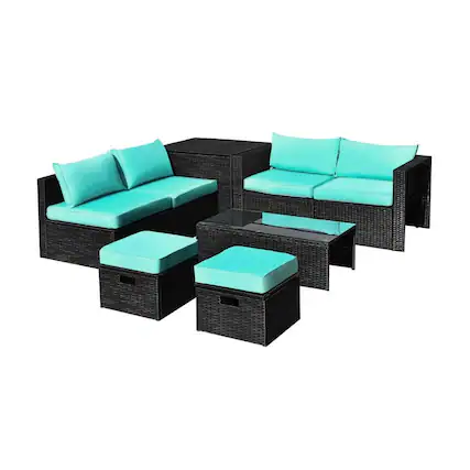 Front. Pefilos - Indoor Dining Room 8 Pieces Patio Rattan Storage Table Furniture Set-Turquoise, Wicker Furniture Conversation Sets - Blue.