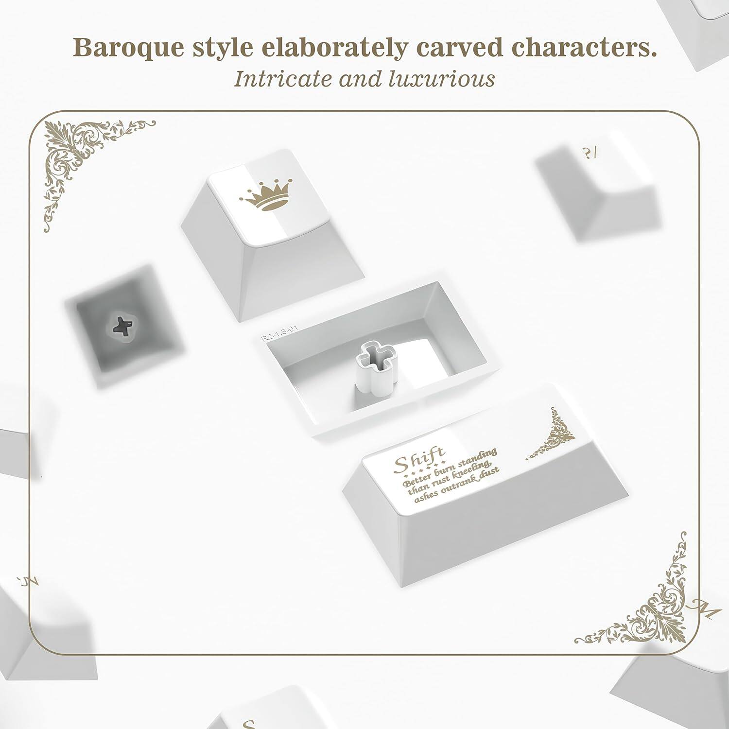 Baroque style elaborately carved characters.  
Intricate and luxurious  

Shift  
Better dust rust outrank than ashes