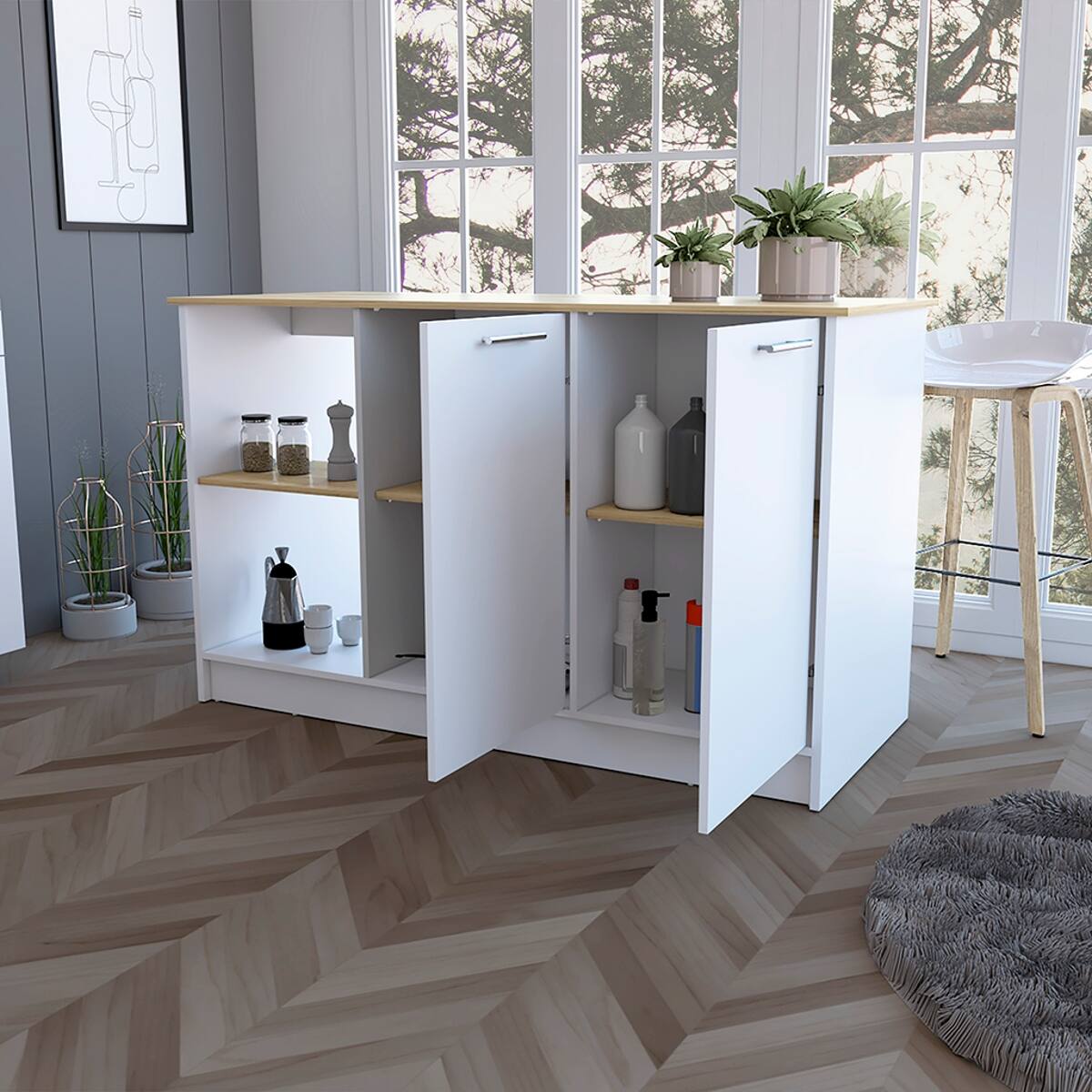 Alt View 1. Loheer - Loheer Large Stationary Kitchen Island with 59-Inch Countertop and Double Door Cabinets - Multi.