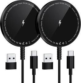 Core Tech - Magnetic Wireless Charging Pads with USB-C Cables and USB-A Adapters, 2-Pack - Black