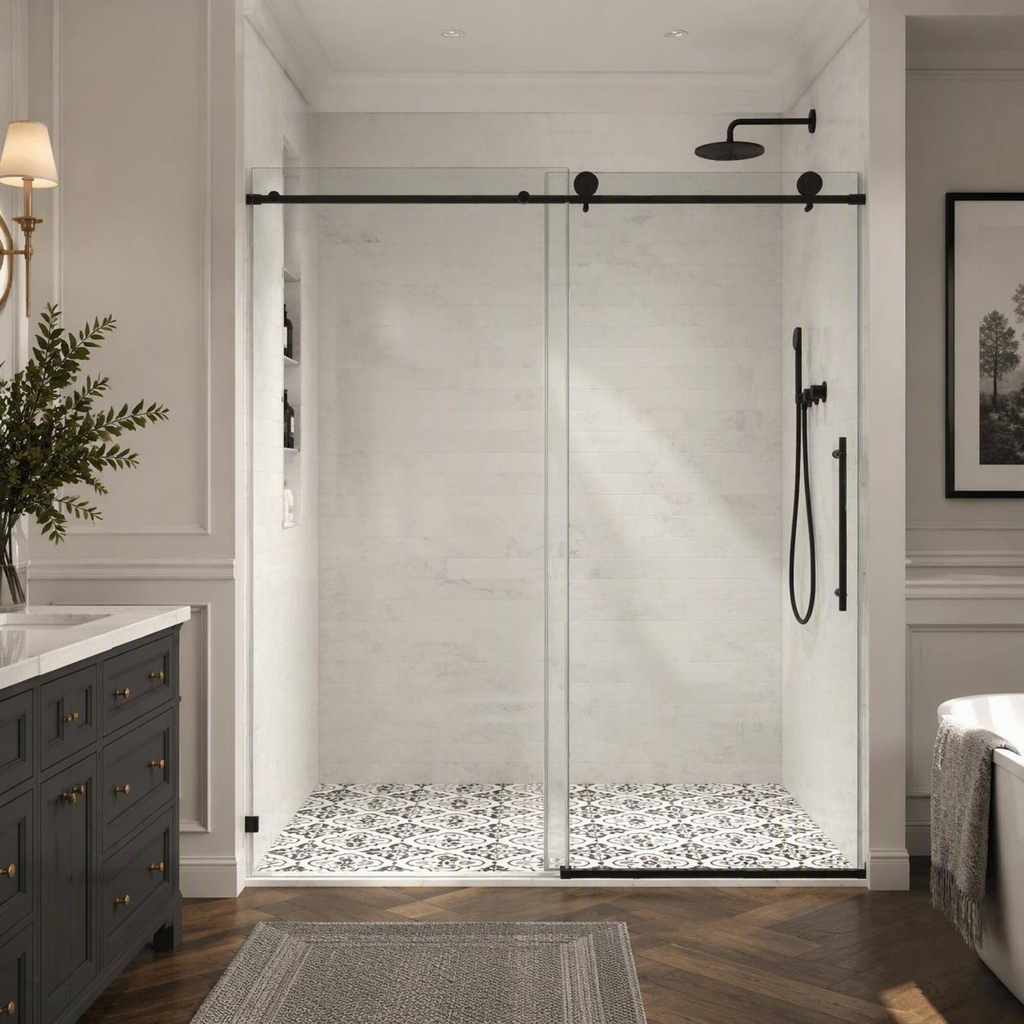 Left. RYHNUYNE - Matte Black Frameless Shower Door With 70mm Steel Pulleys, Soft Close And Nano Easy Clean - Matte Black.