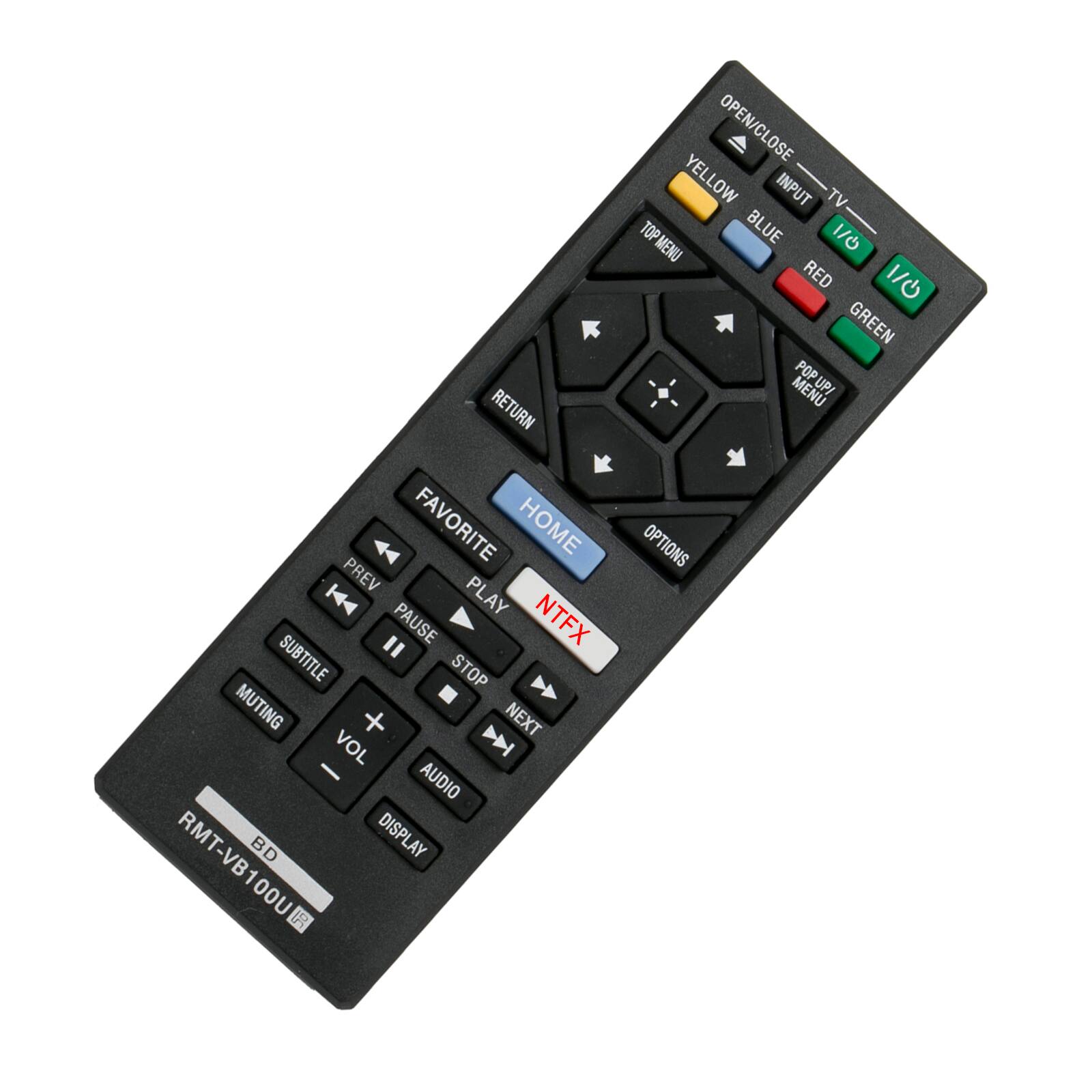 RETURN FAVORITE HOME PREV K PLAY " PAUSE NTFX SUBTITLE STOP MUTING + NEXT VOL D AUDIO RMT-VB100U B DISPLAY 1 0OU 55 OPEN/CLOSE YELLOW INPUT TV TOP TOP MENU BLUE 1/0 RED 1/0 GREEN POP MENU UP/ OPTIONS