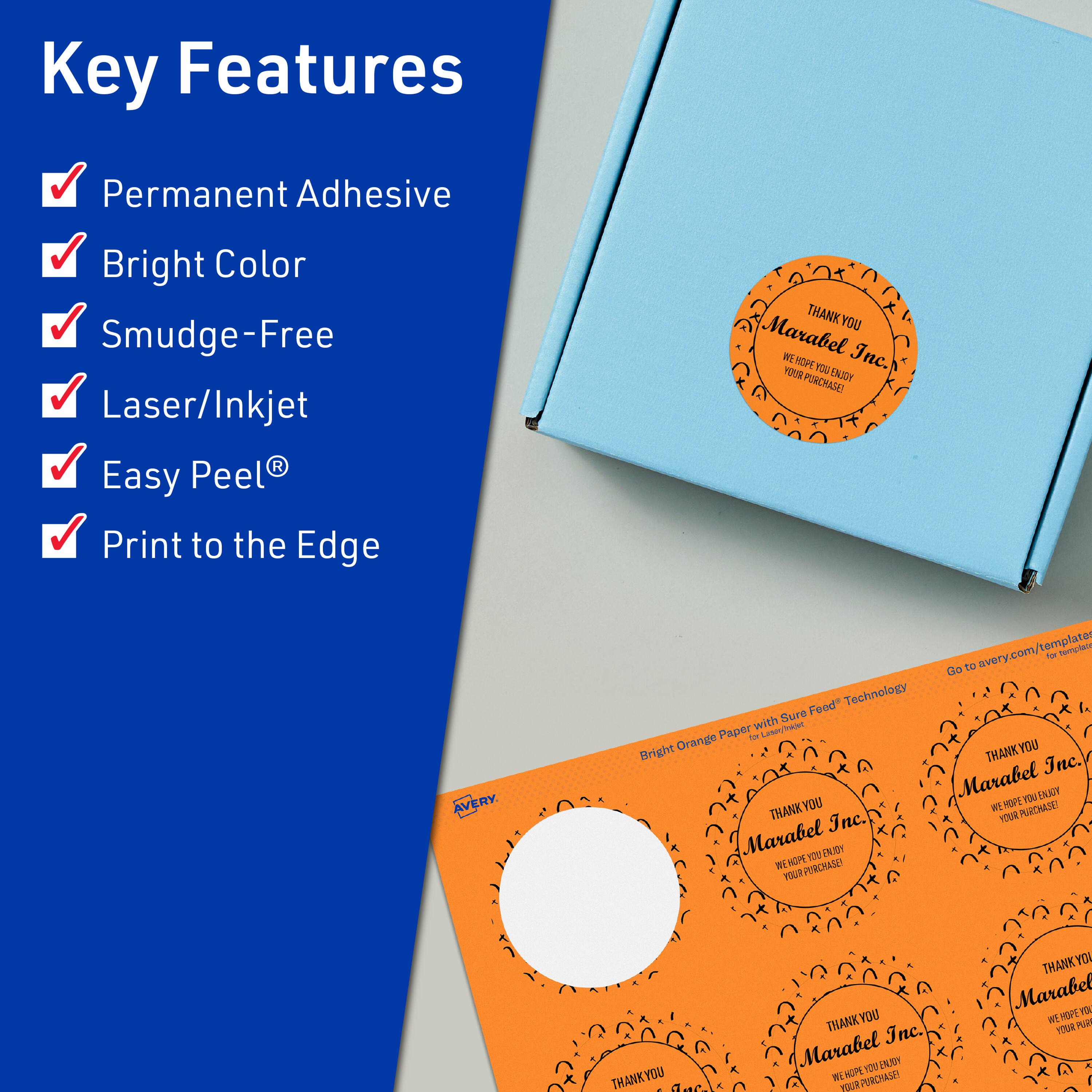 Key Features  
- Permanent Adhesive  
- Bright Color  
- Smudge-Free  
- Laser/Inkjet  
- Easy Peel®  
- Print to the Edge  

THANK YOU  
Marabel Inc.  
WE HOPE YOU ENJOY YOUR PURCHASE!  

Bright Orange Paper with Sure Feed® Technology  

Go to avery.com/templates for templates.