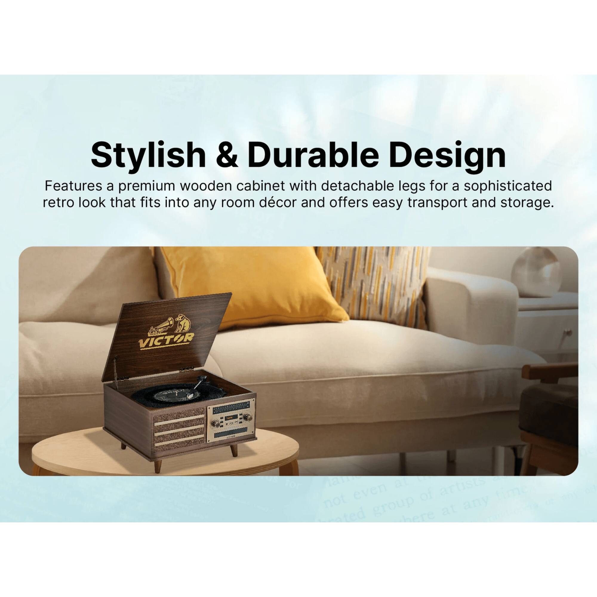 Stylish & Durable Design

Features a premium wooden cabinet with detachable legs for a sophisticated retro look that fits into any room décor and offers easy transport and storage.