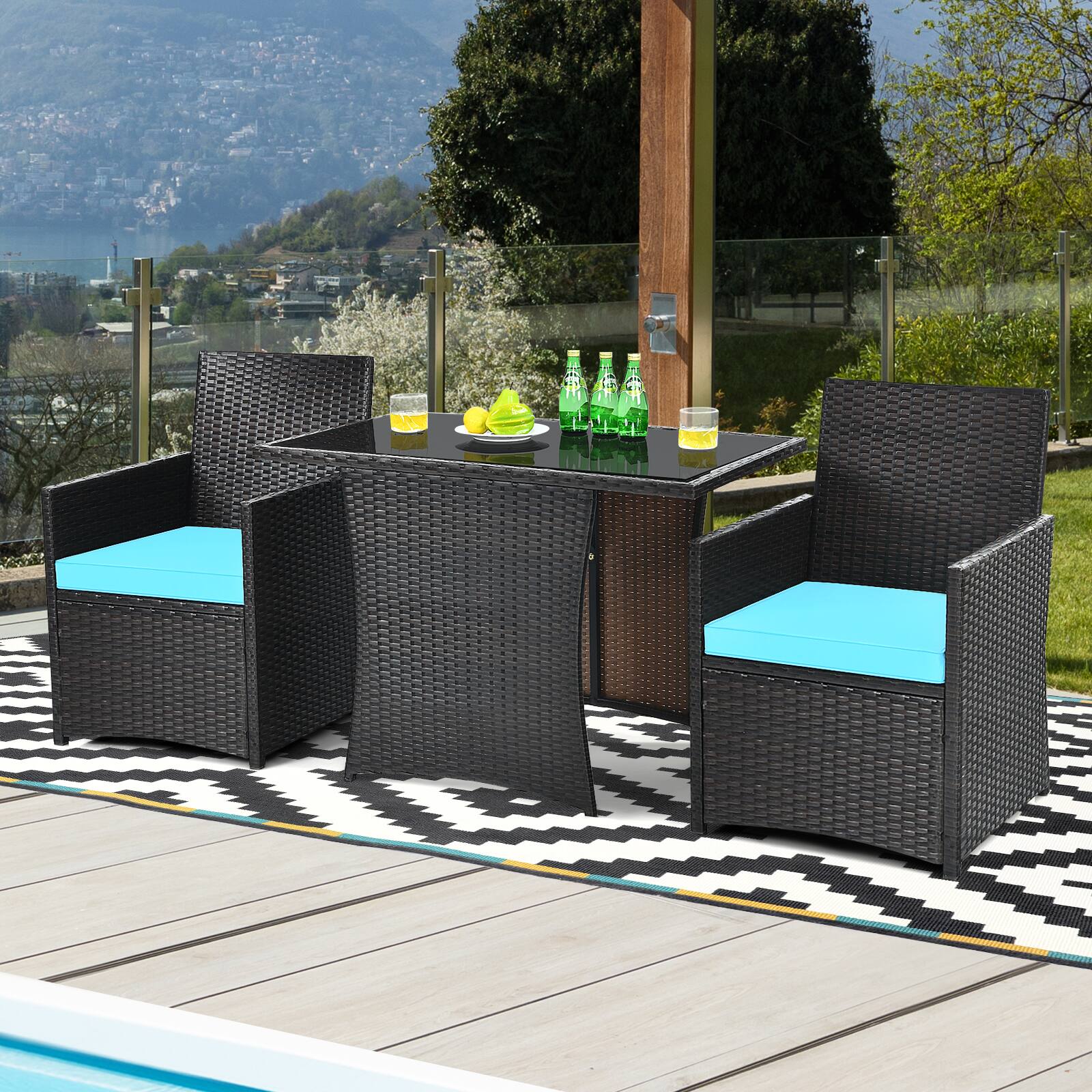 Alt View 4. Costway - Costway  3PCS Patio Rattan Furniture Set Cushion Sofa Armrest Garden - Turquoise.