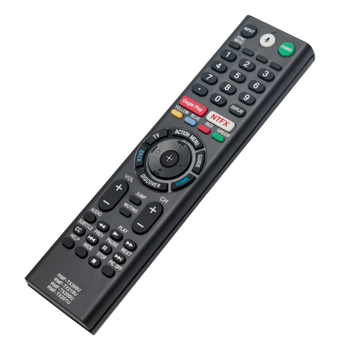 INPUT MENU SYNC 1 4 2 7 5 3 8 6 0 9 Gogle Play DISPLAY BLUE NTFX RED TV ACTION GREEN MENU BACK GUIDE VOL DISCOVER HOME + JUMP CH - AUDIO MUTING + CC SUBTITLE PLAY - HELP PREV WIDE " PAUSE STOP NEXT PIC OFF RMF- RMF- RMF. RMF- TX210U TX300U TX201U POWER