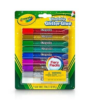 Crayola Washable Glitter Glue  
Crayola  
Crayola  
Crayola  
Crayola  
Crayola  
Fiery Flecks  
WARNING: CHOKING HAZARD - Small parts. Not for children under 3 years.  
Not for use on skin.  
9 glue tubes, total 31 oz (899 g)
