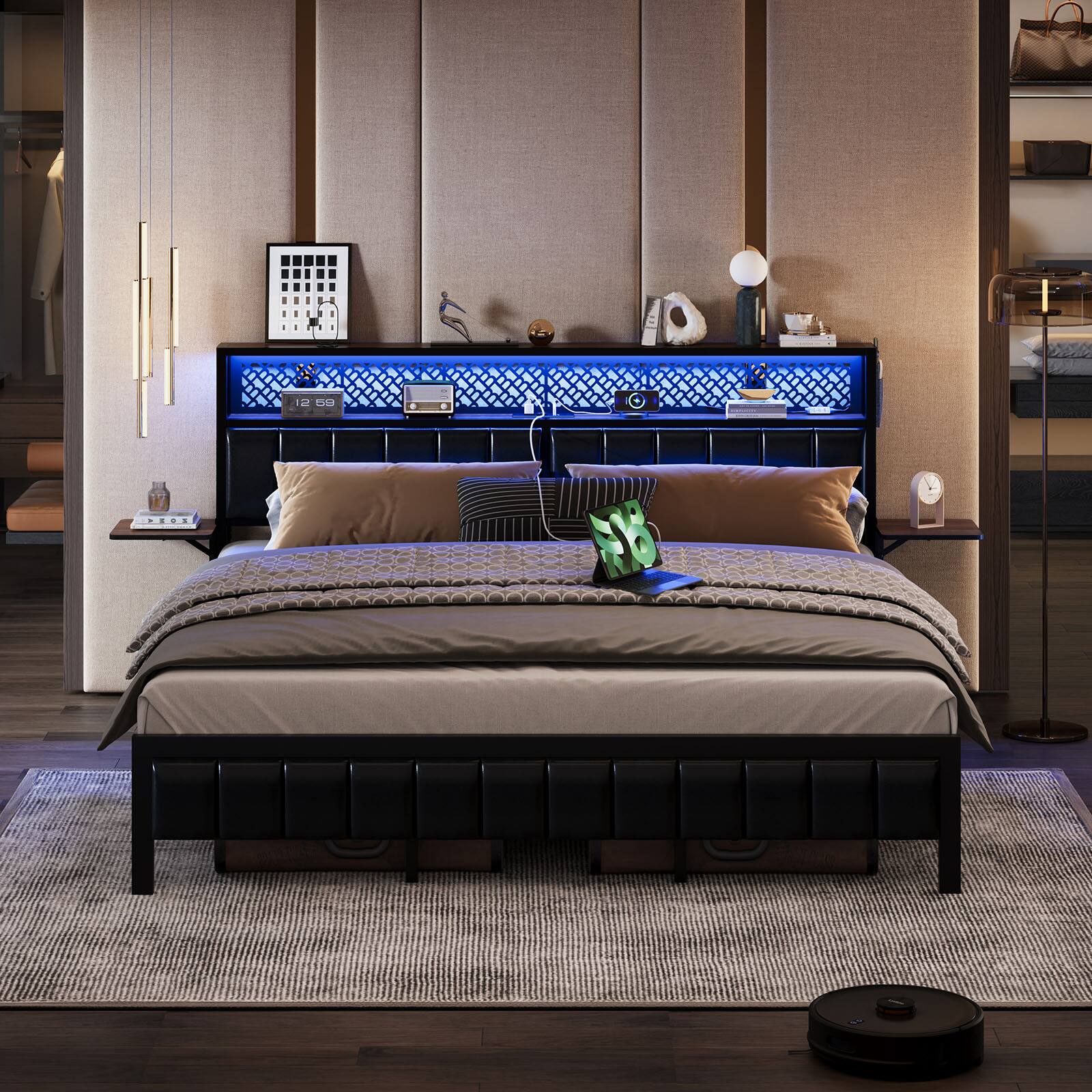 Alt View 1. Bestier - Bed Frame with Headboard Foldable Shelves LED Lighting Charging Station Non-Slip Metal - Ancona Walnut.