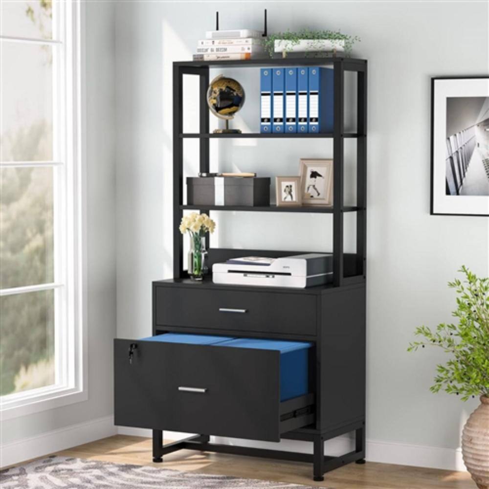 Left. Hivvago - Home Office Lockable 2 Drawer Filing Cabinet Bookshelf in Black Wood Finish - Black.