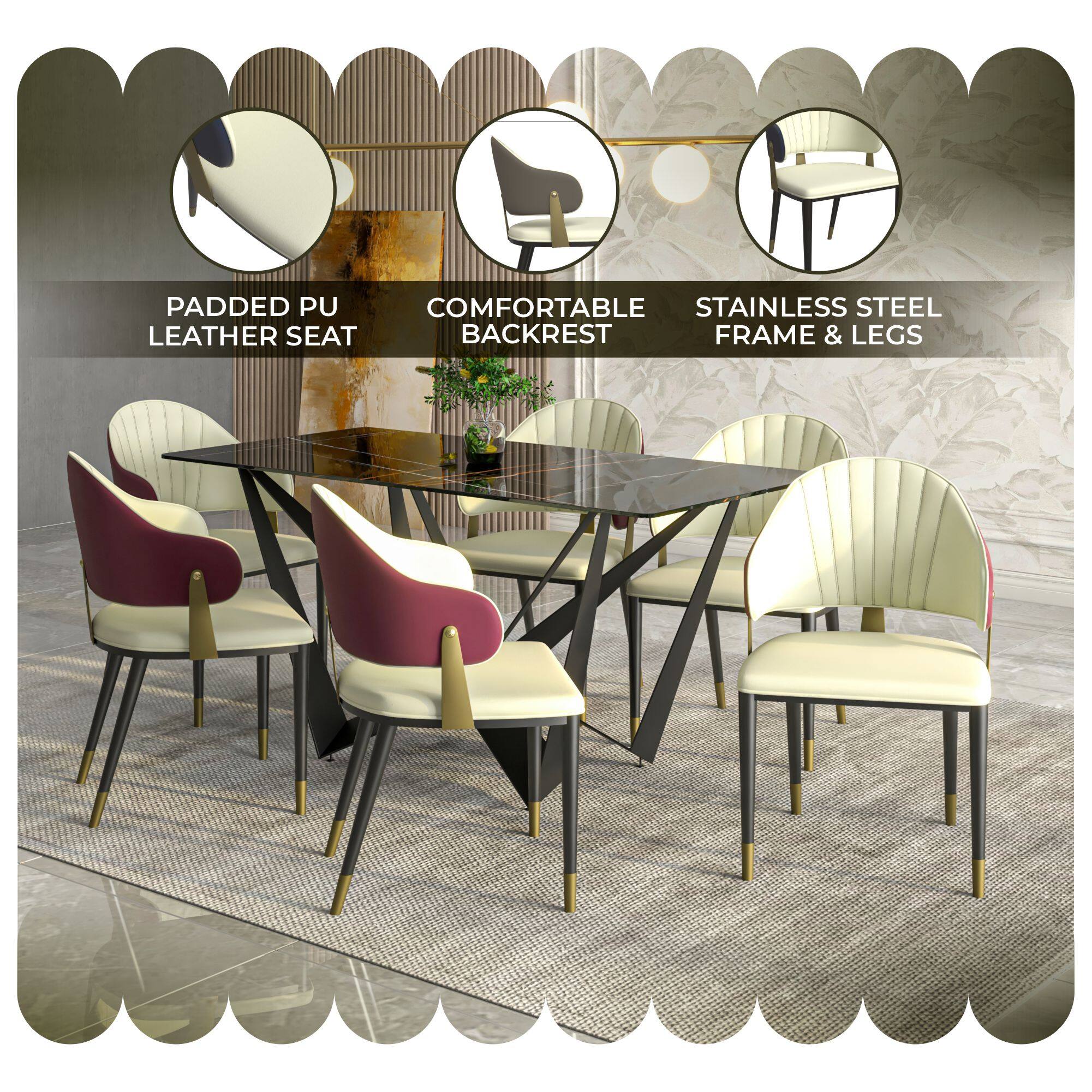 Padded PU Leather Seat  
Comfortable Backrest  
Stainless Steel Frame & Legs