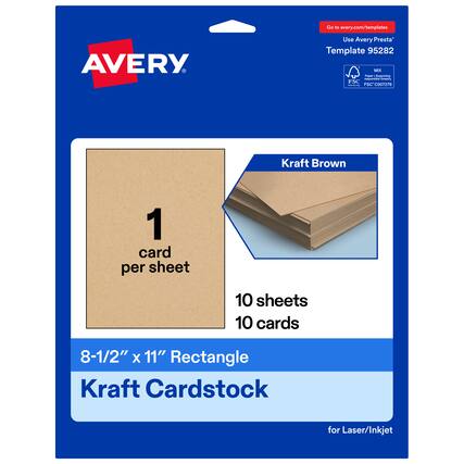 Go to avery.com/templates
Use Avery Presta Template 95282
Kraft Brown
1 card per sheet
10 sheets
10 cards
8-1/2" x 11" Rectangle
Kraft Cardstock
for Laser/Inkjet