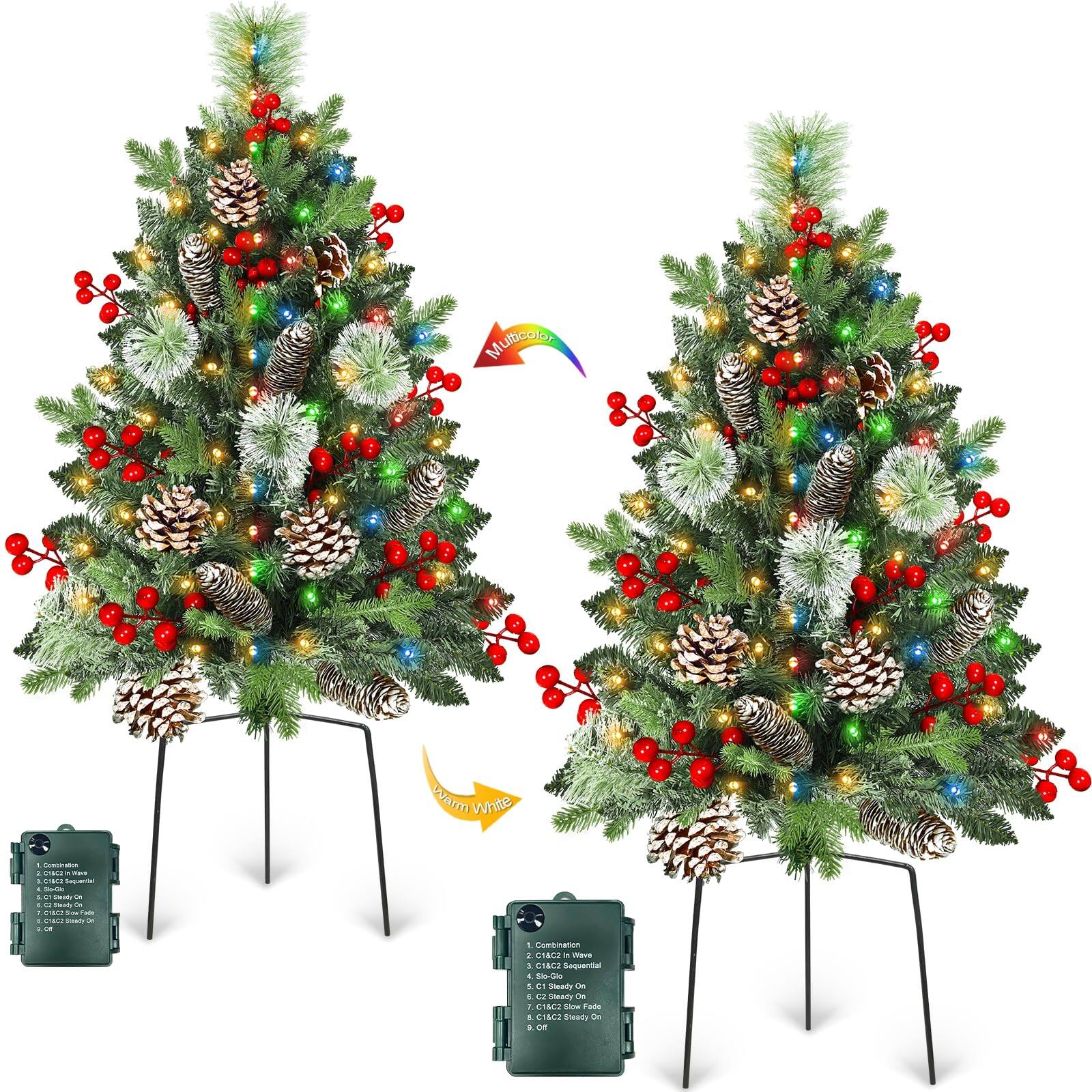 TECH SAFARI - Timer Dual Color Change Christmas Tree Outdoor Urn Filler Artificial Snowy Pinecone Berries Tripod Stake Warm - Default