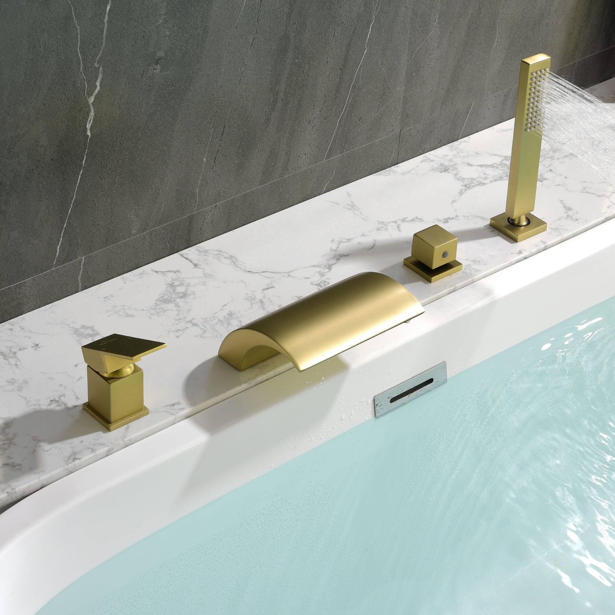 Alt View 5. Boyel Living - Single-Handle Tub Deck Mount Roman Tub Faucet with Hand Shower and Water Suply Hose in Brushed Gold - Brushed Gold.