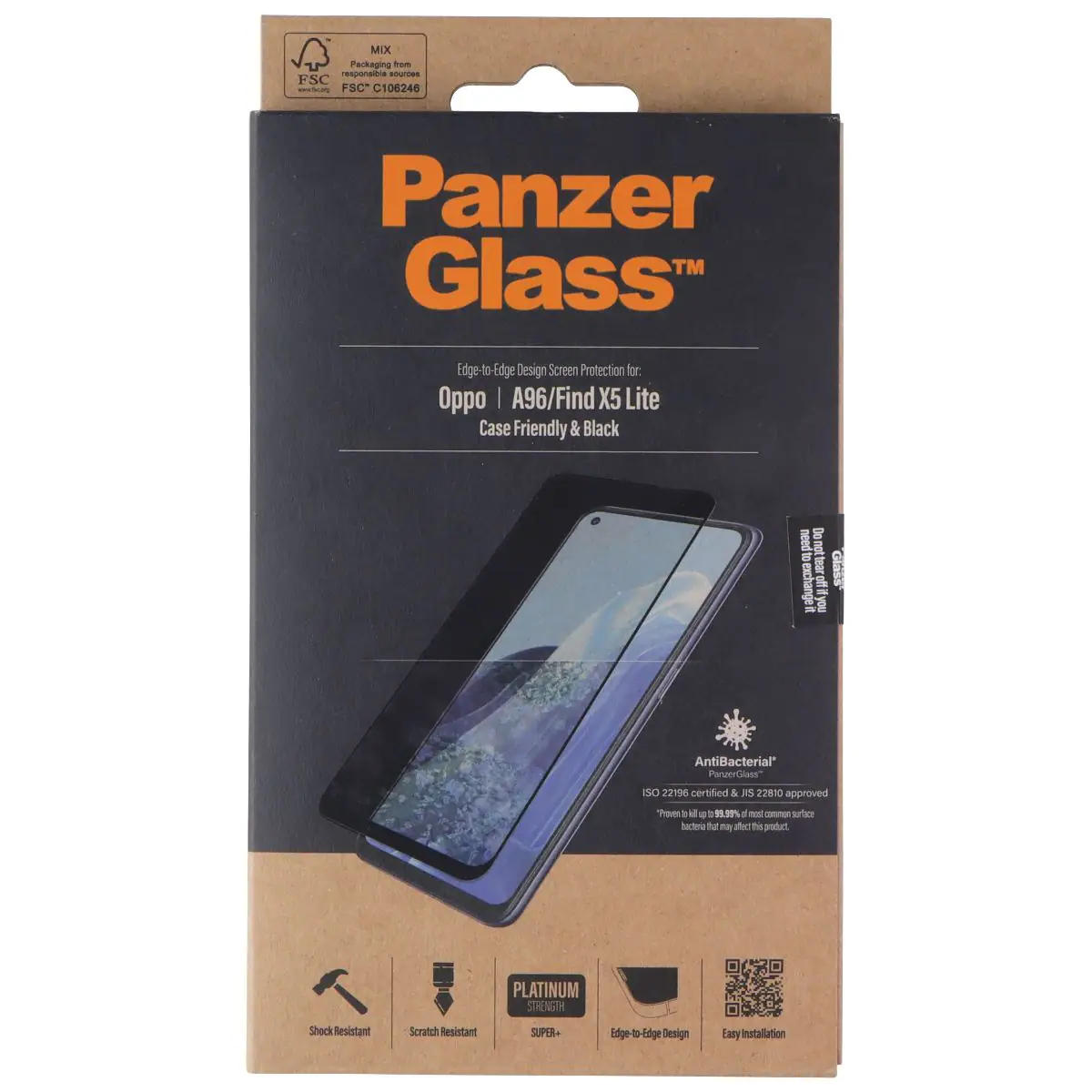 MIX Packaging from responsible sources FSC C106246

Panzer Glass™

Edge-to-Edge Design Screen Protection for: Oppo | A96/Find X5 Lite Case Friendly & Black

AntiBacterial* PanzerGlass™
ISO 22196 certified & ISO 22801 approved
*Proven to kill up to 99.9% of common surface bacteria that may affect the product

PLATINUM
Shock Resistant
Scratch Resistant
SUPR+
Edge-to-Edge Design
Easy installation