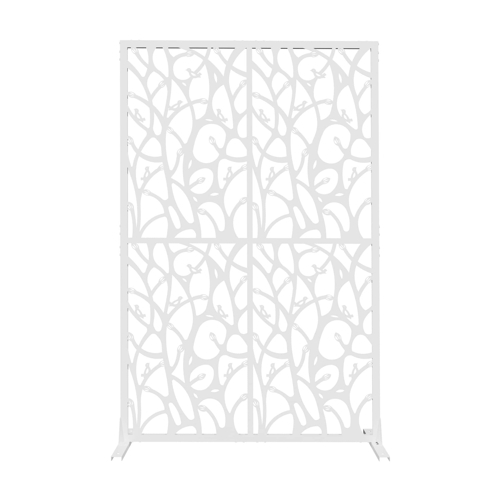 COWLOWN - Metal Privacy Screen 3.8ft W x 6ft H Freestanding Outdoor and Indoor Divider for Patio Balcony Bird Design - White