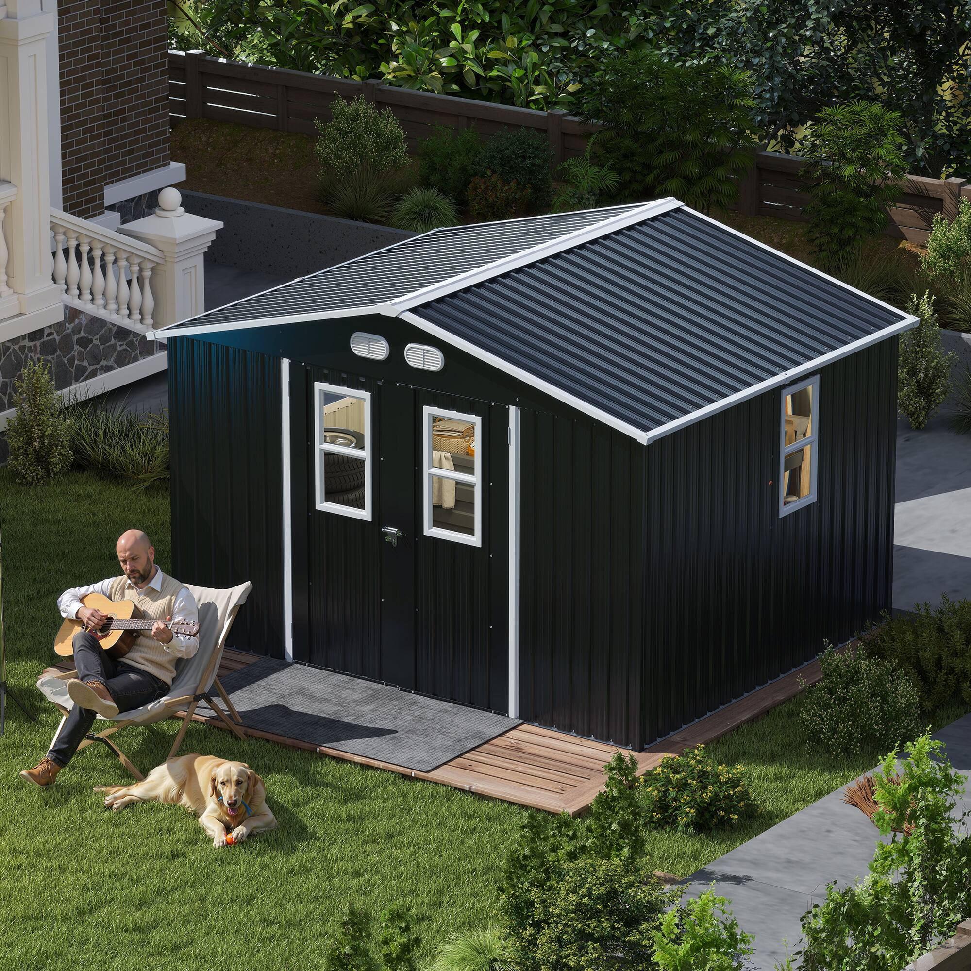 Angle. Anysun - Storage Shed – 8x10 with Protective Film, Four Daylight Windows, Lockable Doors – A Practical and Thoughtful Gift - Dark Gray.