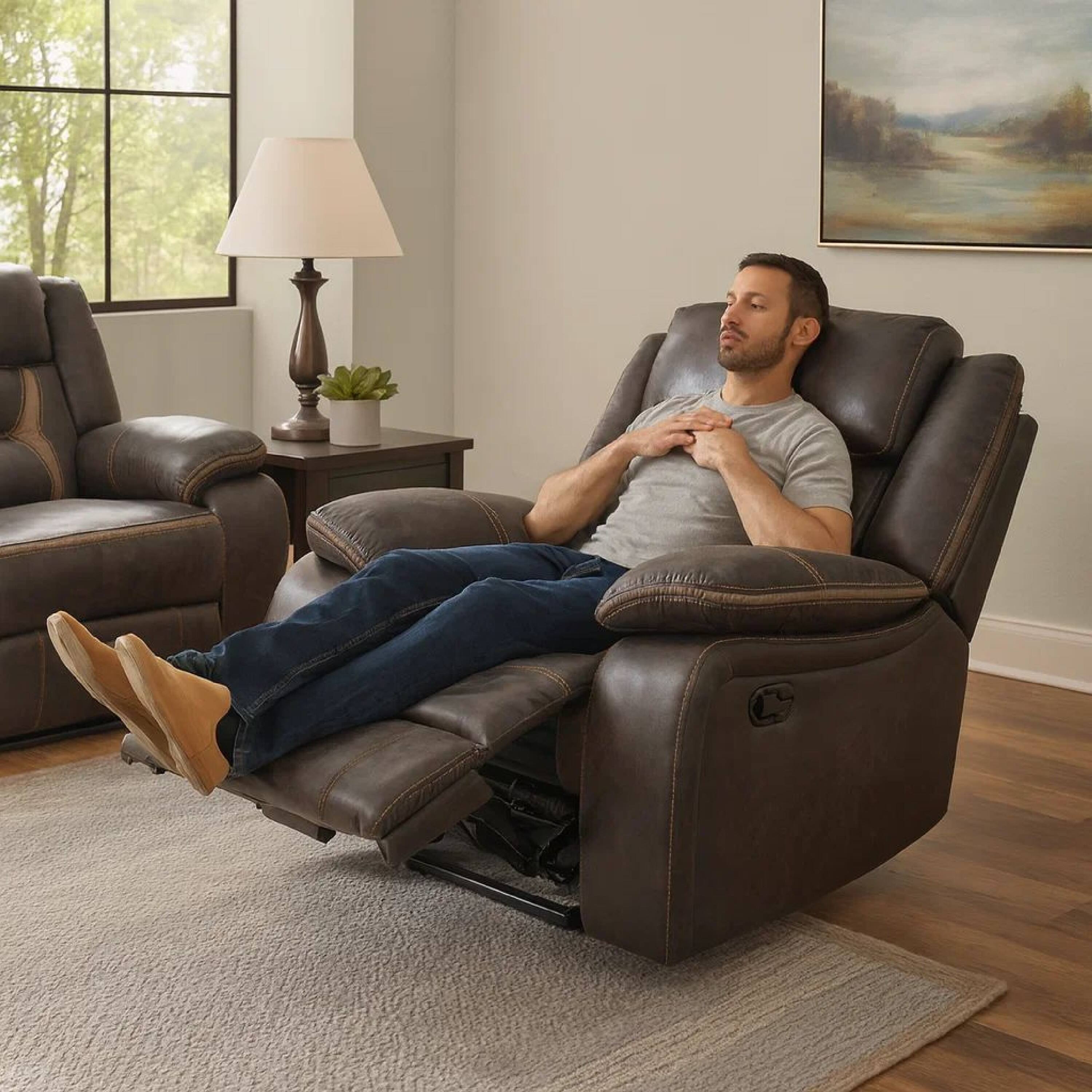 Alt View 5. Manhattan Lane - Jake 41 Inch Gliding Manual Recliner, Pillowtop,   Faux Leather - Brown.
