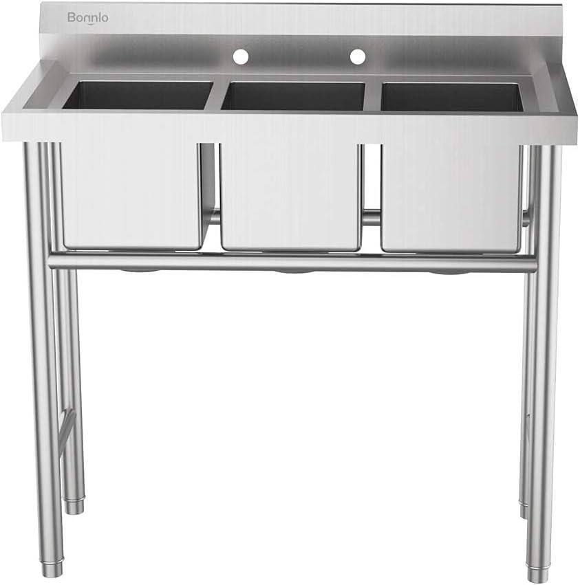 Back. Winado - Commercial Stainless Steel 3 Compartment Sink Free Standing Utility Sink with Backsplash, Adjustable Legs for Restaurant - Silver.