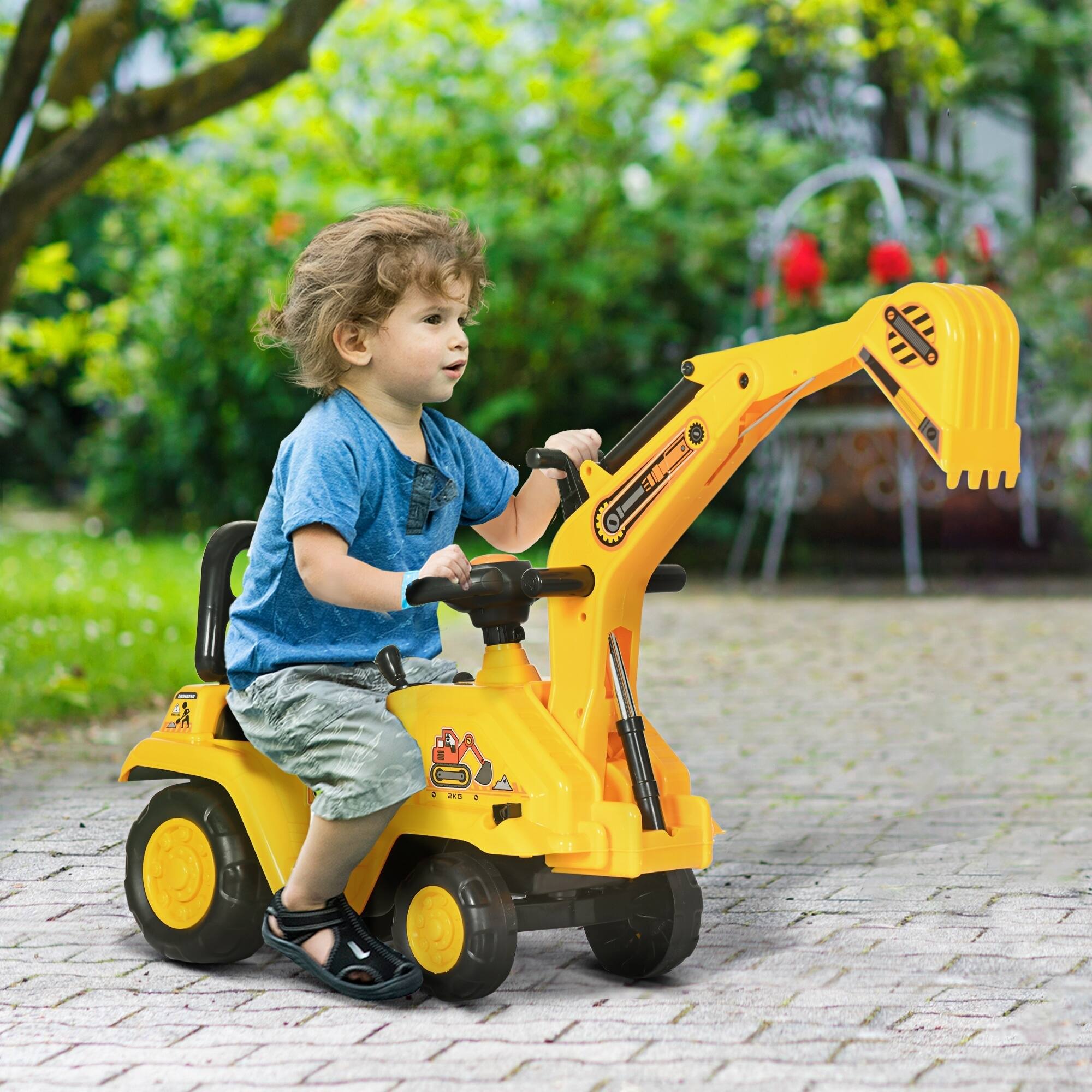 Angle. Homcom - Ride On Excavator Pull Cart, Horn, Under Seat Storage, Sit and Scoot, Pretend Play, Ages 18-48 Months.