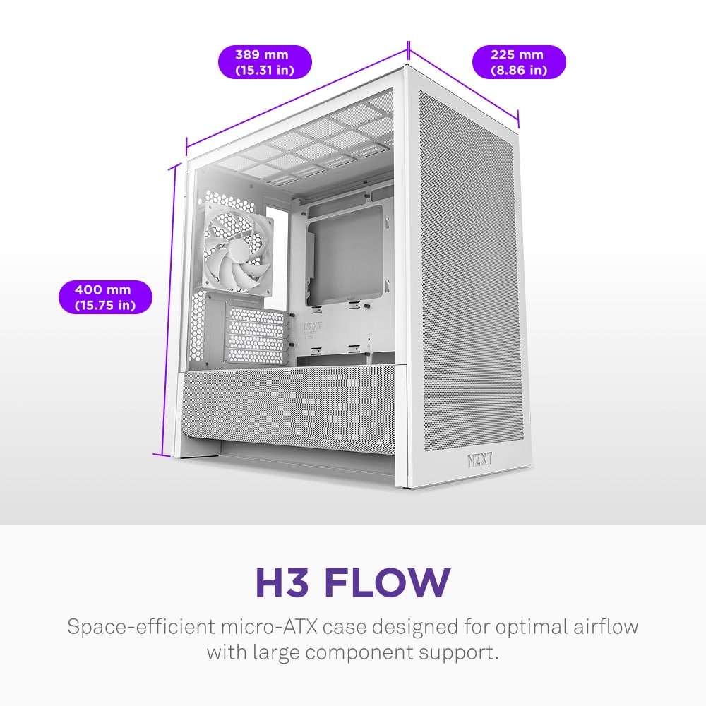 The text on the image reads: "389mm (15.31 in) 225mm (8.86 in) 400mm (15.75 in) NZXT H3 FLOW Space-efficient micro-ATX case designed for optimal airflow with large component support."