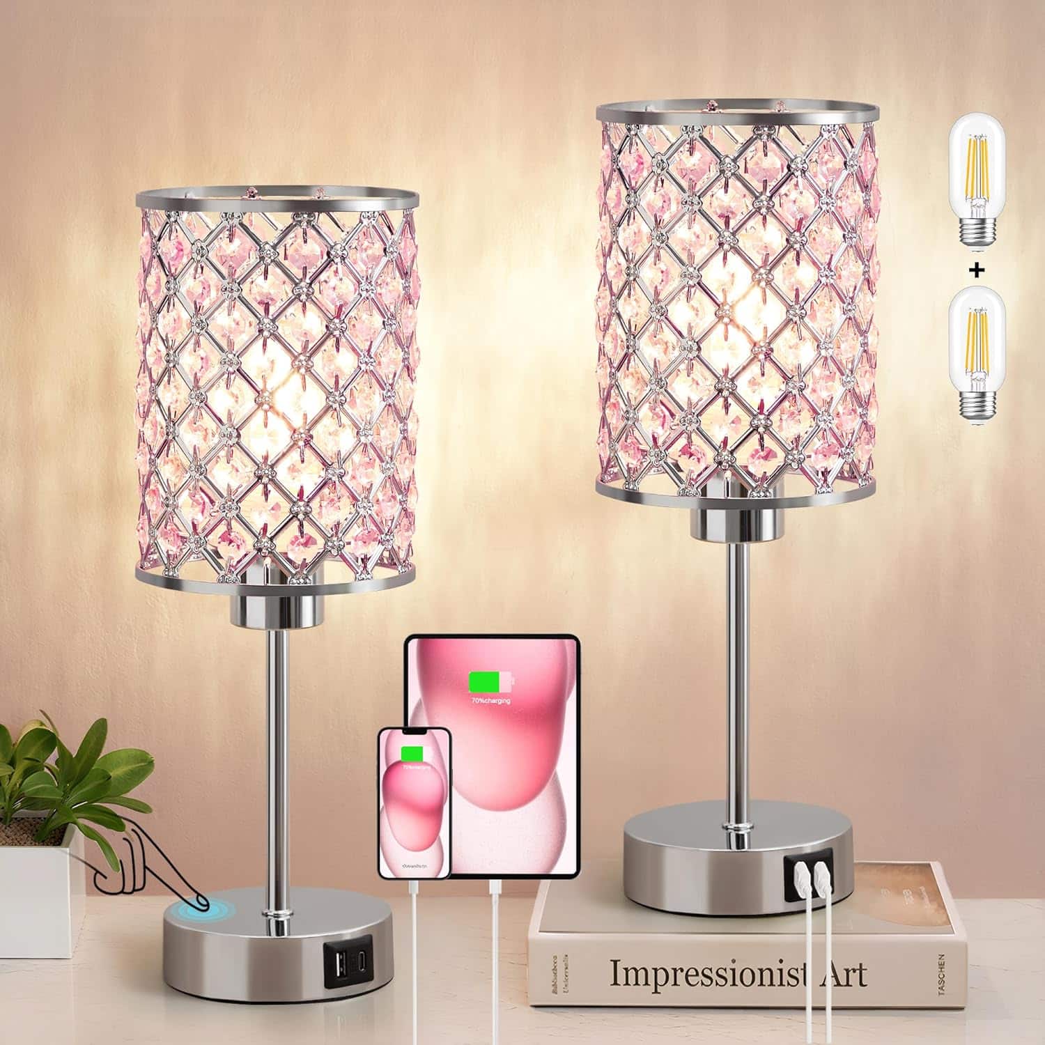 Stamp n Camp - Crystal Table Lamp Touch Lamp for Nightstand with USB C+A Ports 3 Way Dimmable Lamp with Crystal Shade Bedside Lamp - Pink-2-14.75"