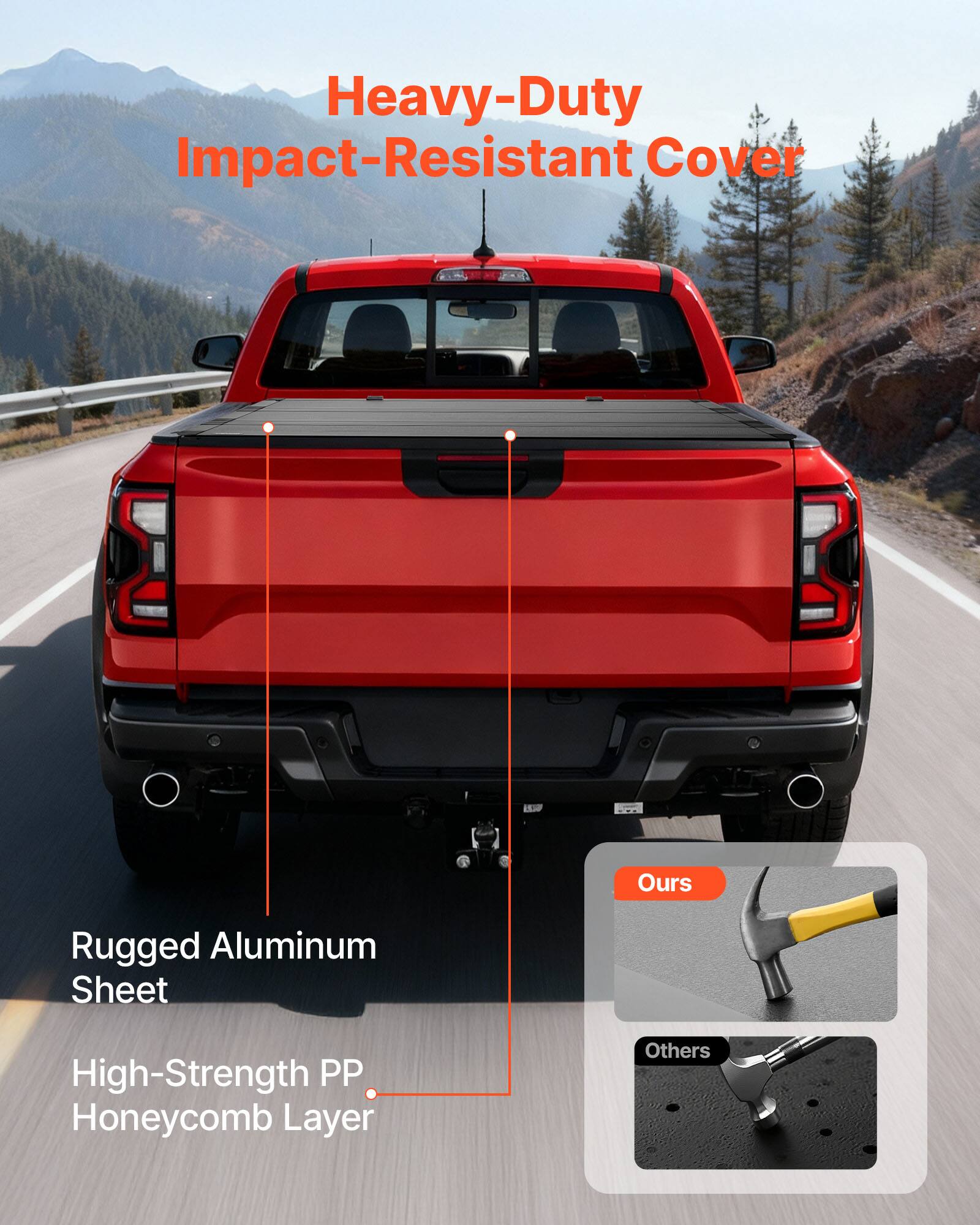 Heavy-Duty Impact-Resistant Cover  
Ours: Rugged Aluminum Sheet  
High-Strength PP Honeycomb Layer  
Others