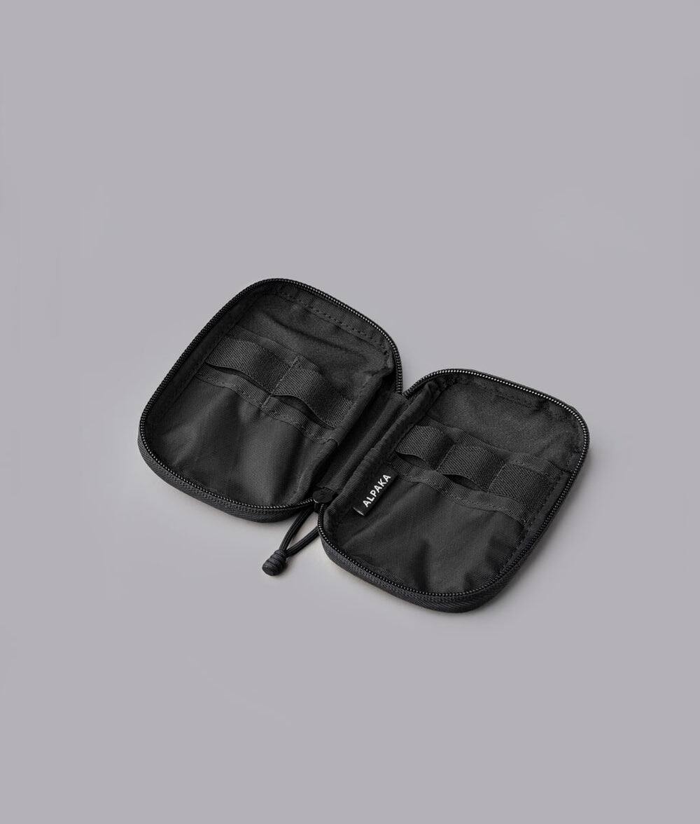 Angle. ALPAKA - EDC Organizer Pouch with 6 Slip Pockets, 5 Elastic Loops, YKK AquaGuard Zipper, X-Pac/Axogrid, HUB Compatible - Black X-Pac X42.