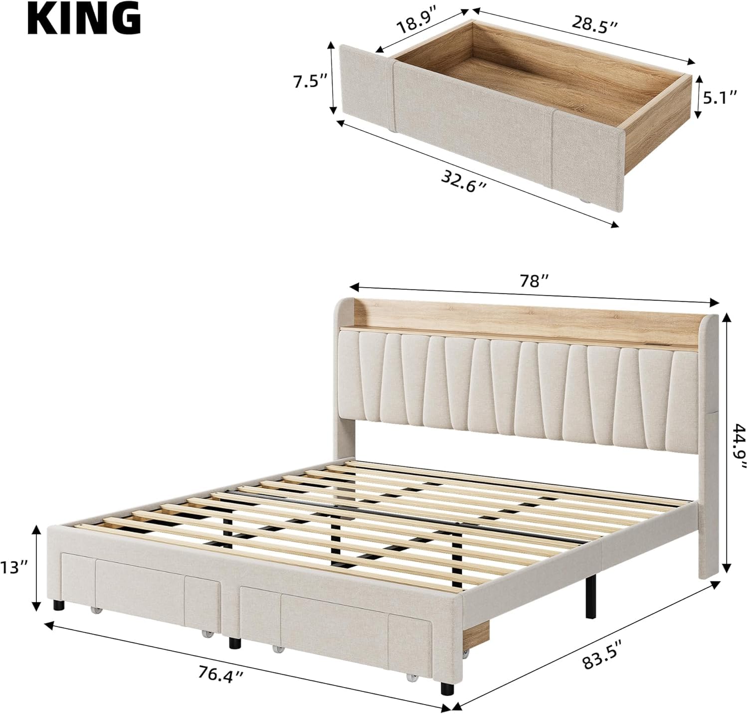 KING  
18.9" x 28.5" x 7.5" x 5.1" x 32.6" x 78" x 44.9" x 13" x 76.4" x 83.5"