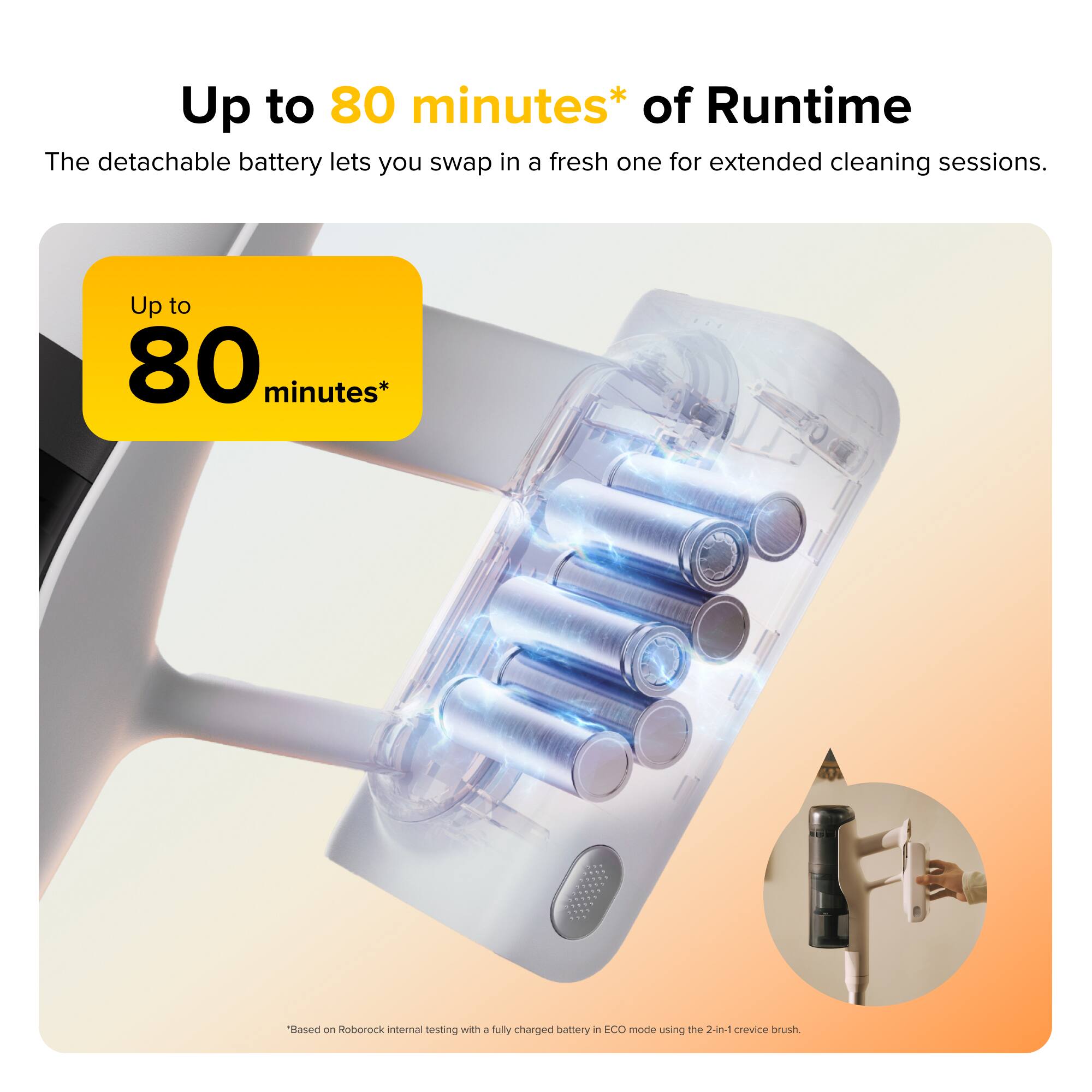 Up to 80 minutes* of Runtime

The detachable battery lets you swap in a fresh one for extended cleaning sessions.

Up to 80 minutes*

*Based on Roborock internal testing with a fully charged battery in ECO mode using the 2-in-1 crevice brush.