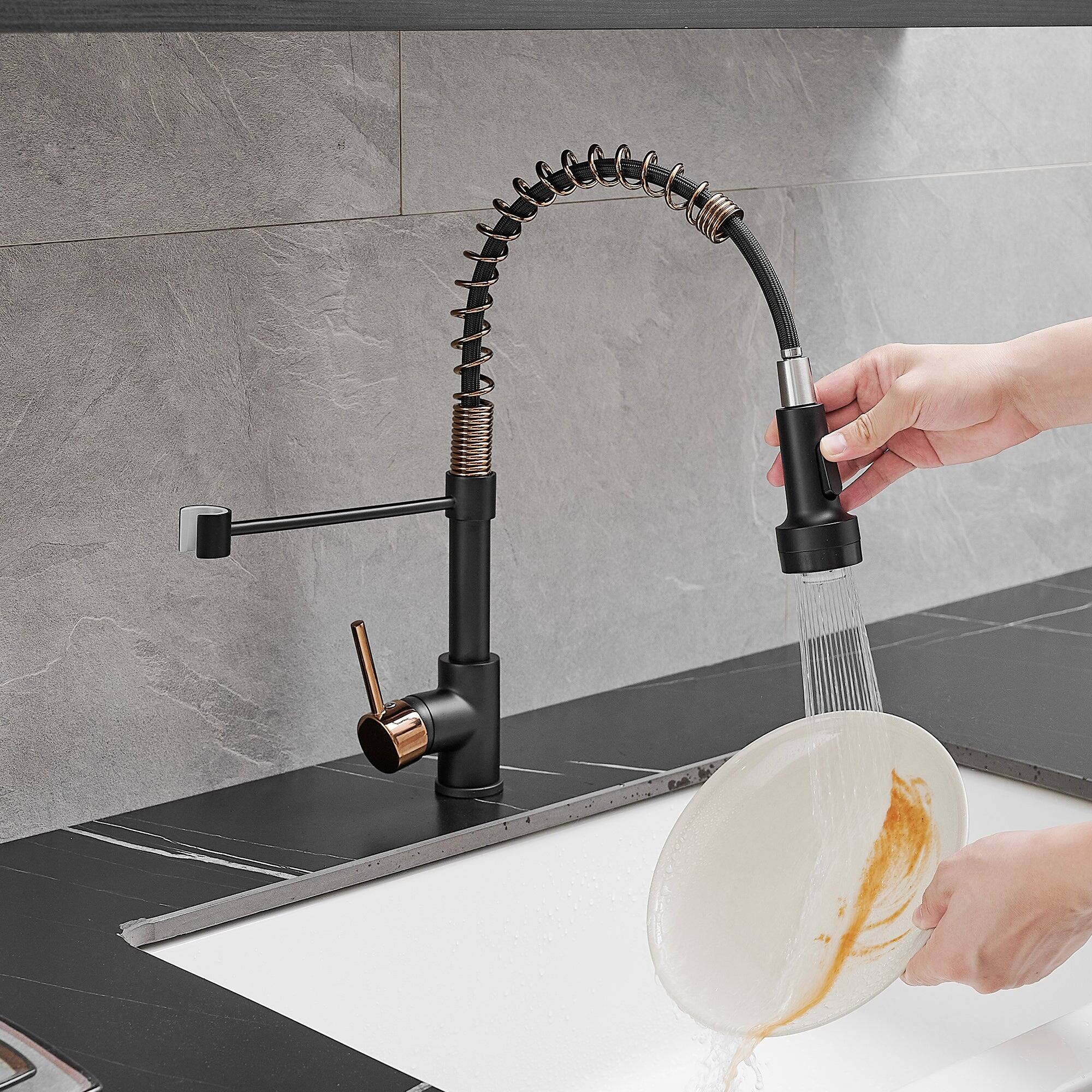 Angle. Boyel Living - Brass Pull Down Sprayer Kitchen Faucet with LED Temperature Sensor Light in Matte Black Rose Gold - Matte Black with Rose Gold.