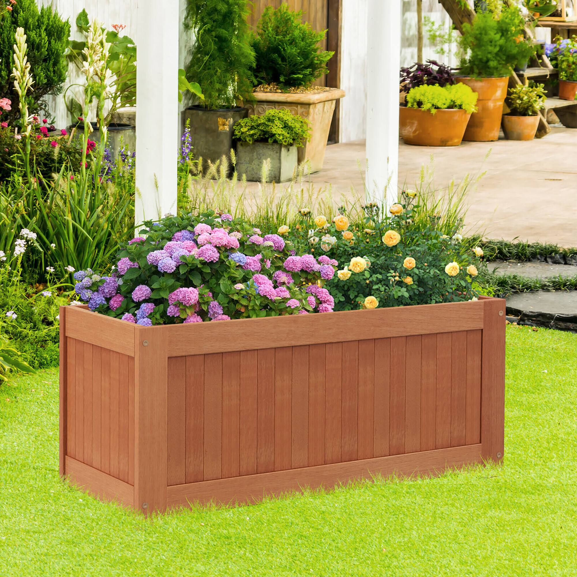 Alt View 1. Gymax - Gymax Wood Outdoor Planter Box w/ Seat 2-in-1 Wooden Raised Garden Bed & Bench - Natural.