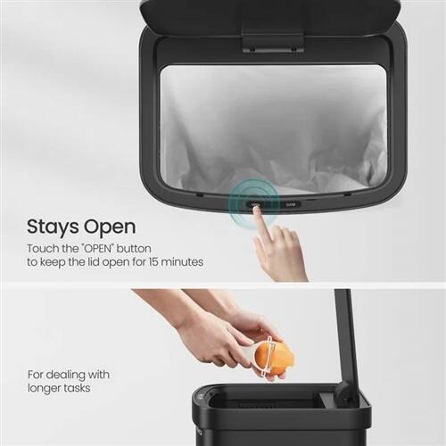 Stays Open  
Touch the "OPEN" button to keep the lid open for 15 minutes  

For dealing with longer tasks