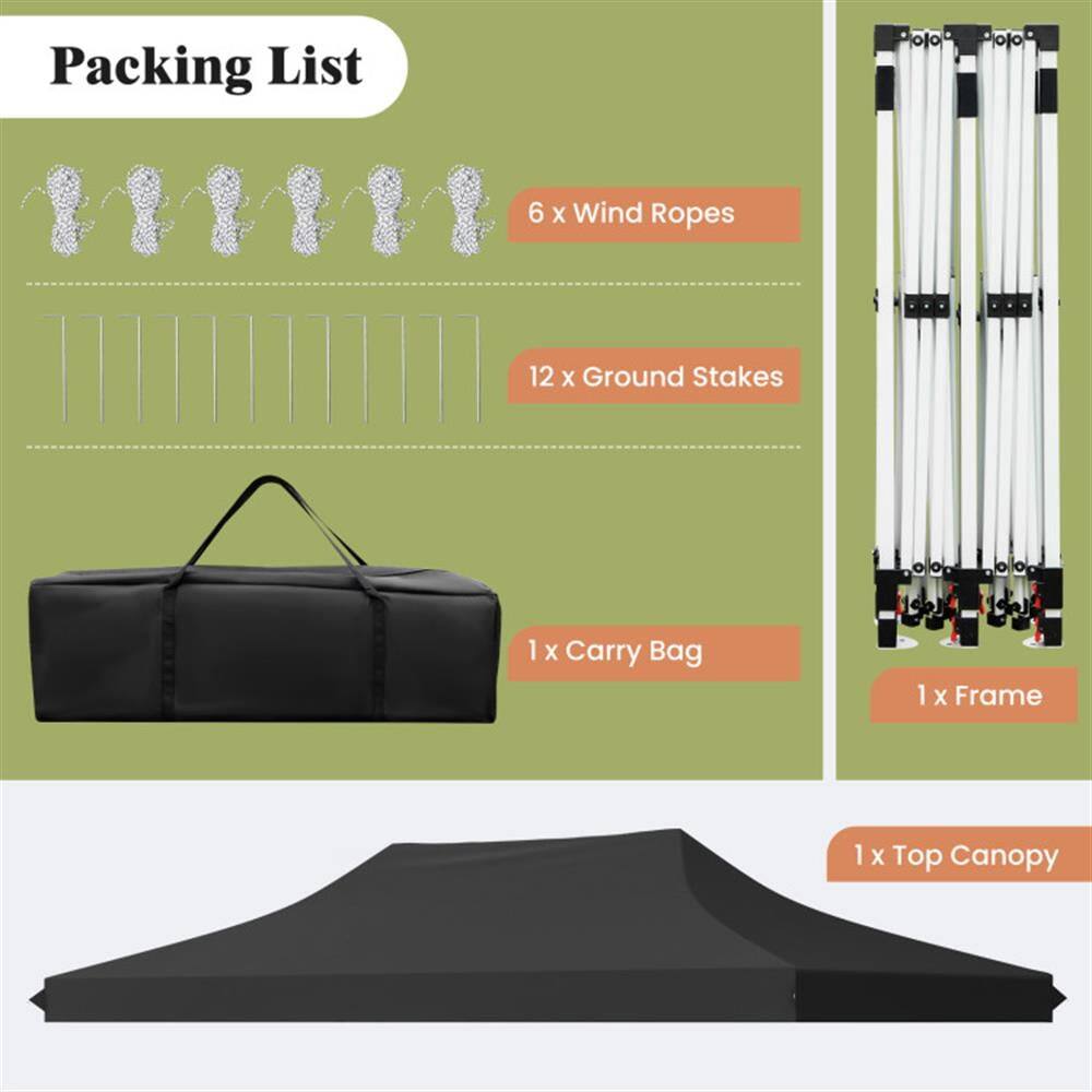 Packing List  
6 x Wind Ropes  
12 x Ground Stakes  
1 x Carry Bag  
1 x Frame  
1 x Top Canopy