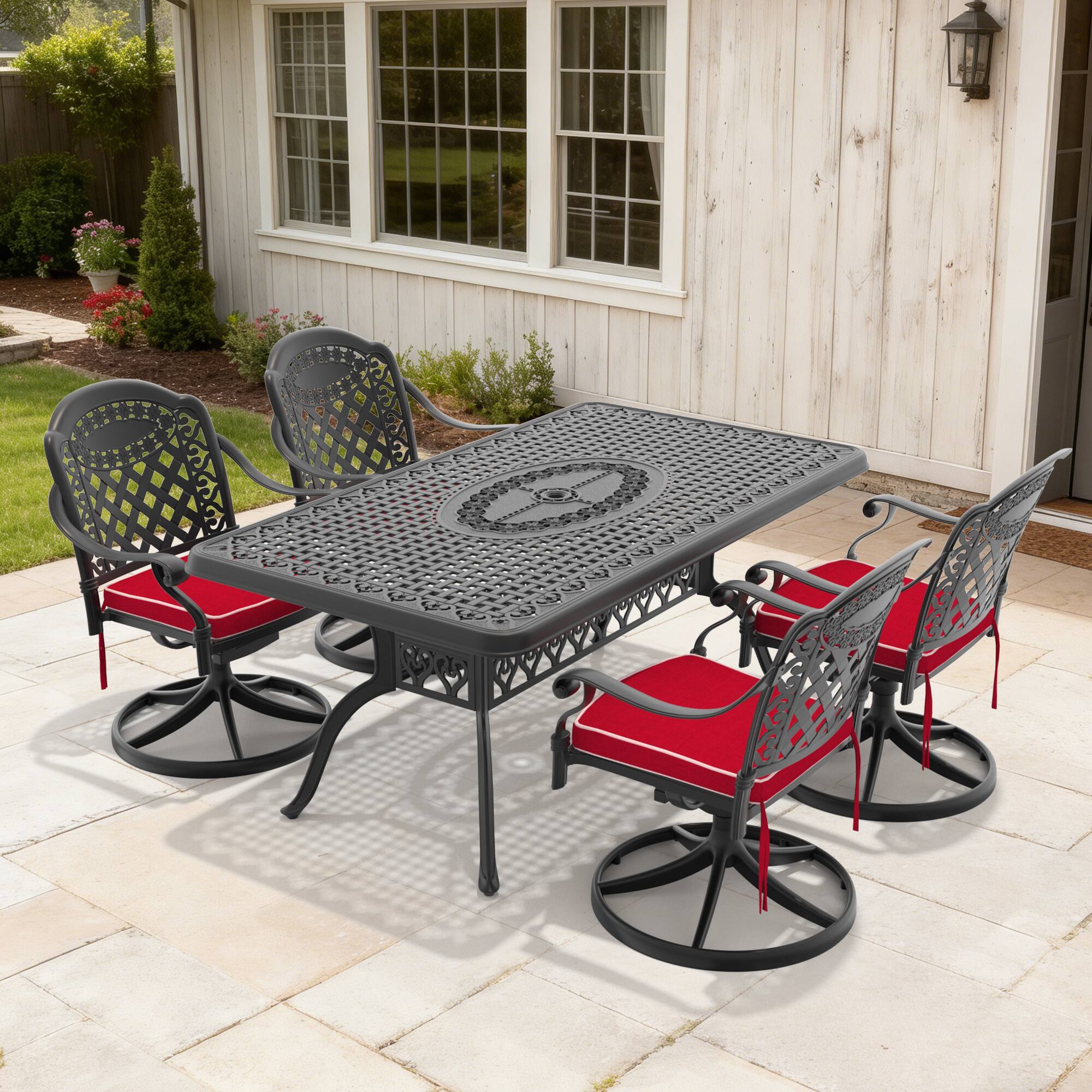 Left. Anysun - 5-Piece Cast Aluminum Outdoor Dining Set with 4 Swivel Chairs & Rectangular Table, All-Weather Patio Furniture Set - Black.