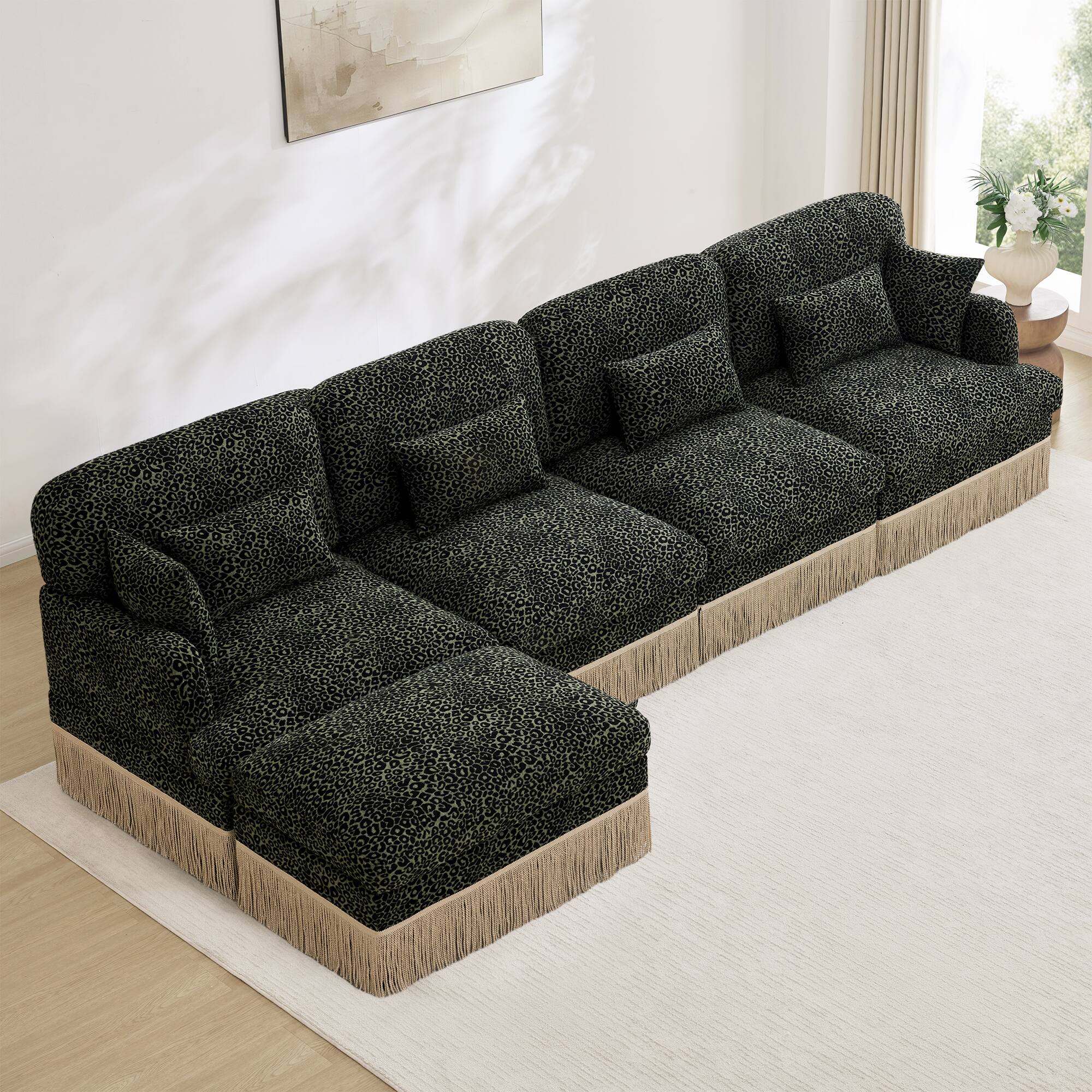 Left. Anysun - 131" Chenille Leopard L-Shaped Sofa, Tassel Edge, Movable Ottoman, Ergonomic, Easy Assembly, Deep Seat - Black.