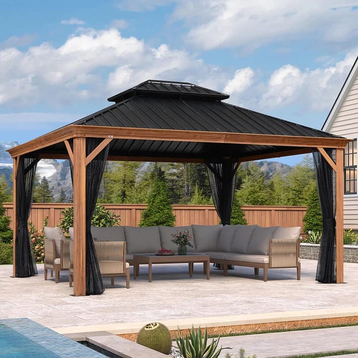 PURPLE LEAF - Hardtop Outdoor Wood Grain Aluminum Gazebo with Double Roof for Patio Lawn and Garden, Netting Included - 12' X 14'