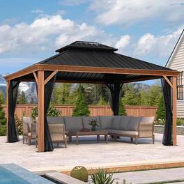 PURPLE LEAF - Hardtop Outdoor Wood Grain Aluminum Gazebo with Double Roof for Patio Lawn and Garden, Netting Included - 12' X 14'