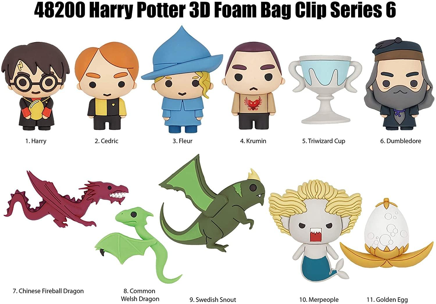 48200 Harry Potter 3D Foam Bag Clip Series 6

1. Harry  
2. Cedric  
3. Fleur  
4. Krum  
5. Triwizard Cup  
6. Dumbledore  
7. Chinese Fireball Dragon  
8. Common Welsh Dragon  
9. Swedish Snout  
10. Merpeople  
11. Golden Egg