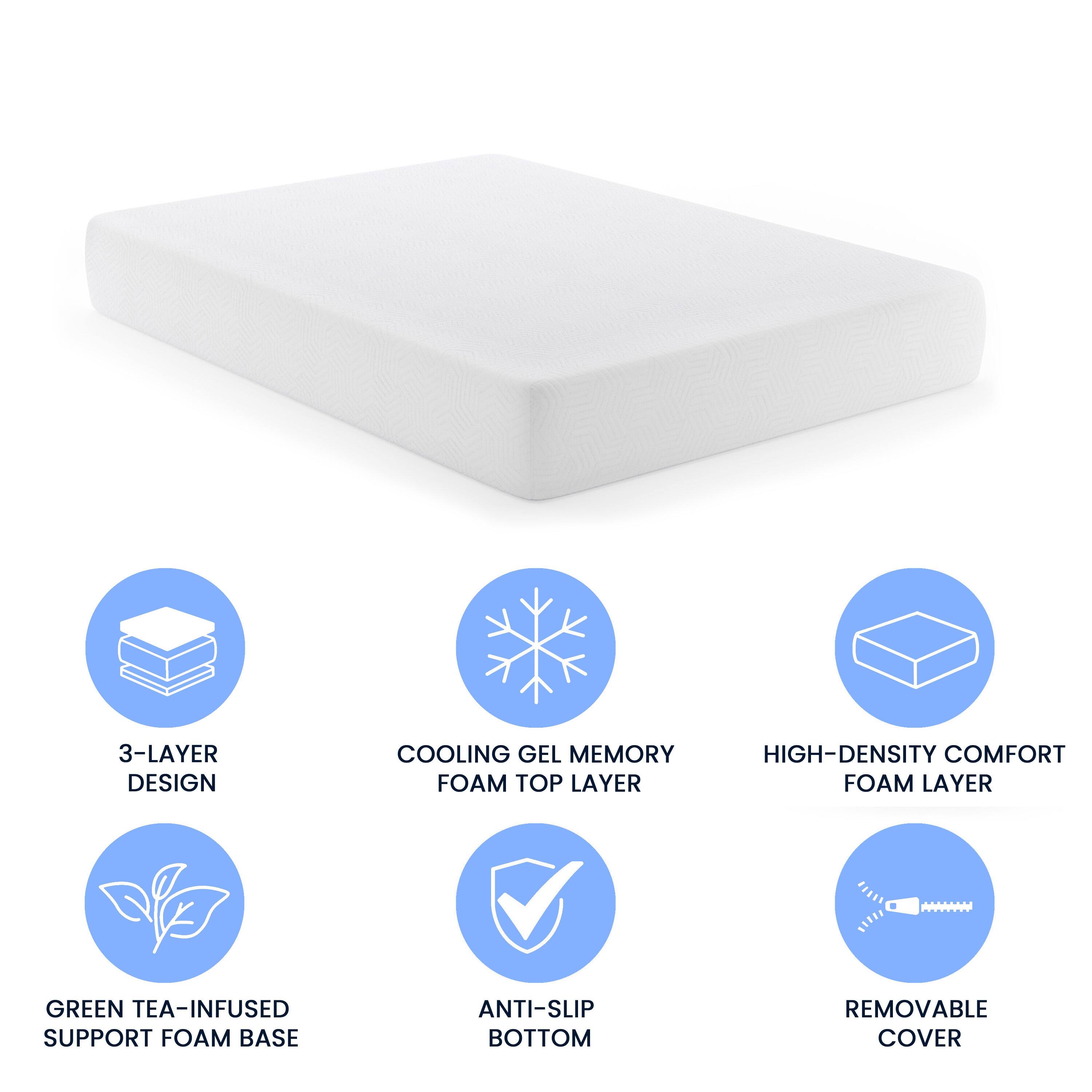 3-Layer Design  
Cooling Gel Memory Foam Top Layer  
High-Density Comfort Foam Layer  
Green Tea-Infused Support Foam Base  
Anti-Slip Bottom  
Removable Cover