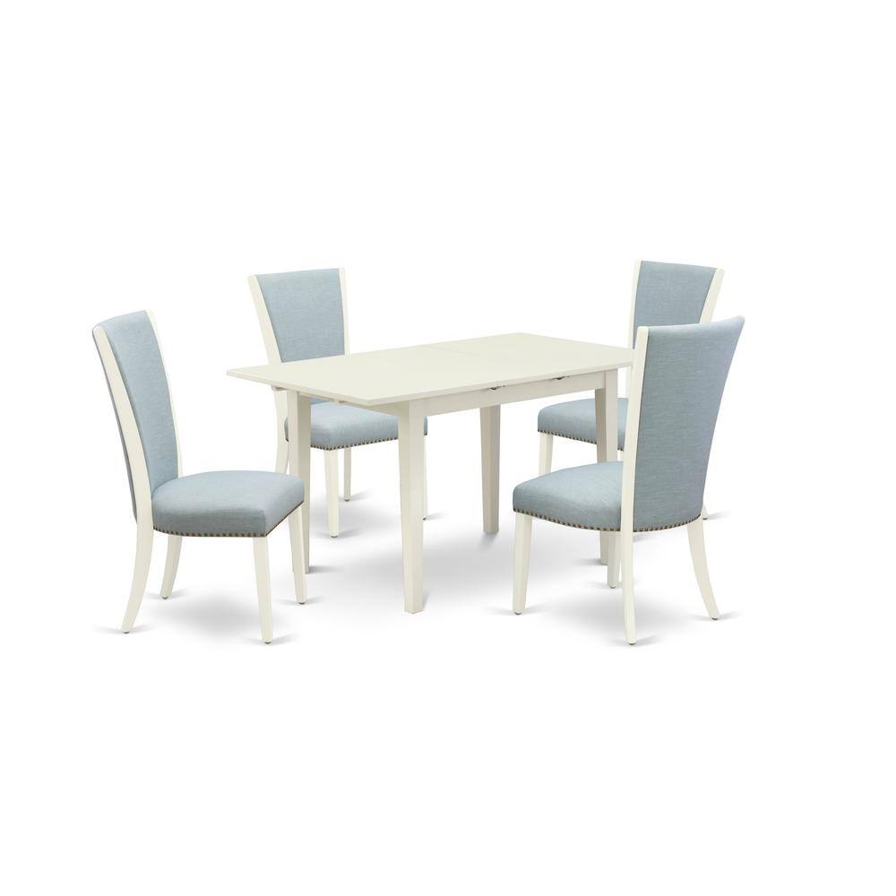 Left. East West Furniture - East-West Furniture NFVE5-LWH-15 - A wooden dining table set of 4 wonderful dining room chairs with Linen Fabric Baby - Linen White.