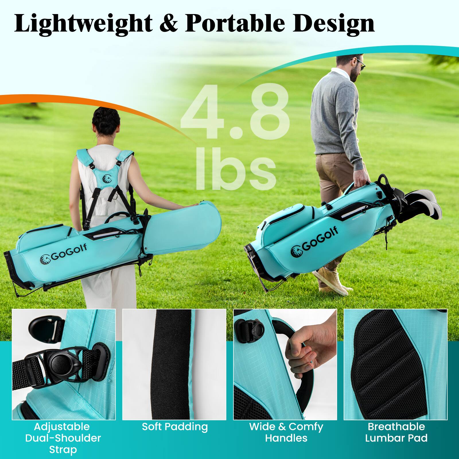 Lightweight & Portable Design  
4.8 lbs  

Adjustable Dual-Shoulder Strap  
Soft Padding  
Wide & Comfy Handles  
Breathable Lumbar Pad