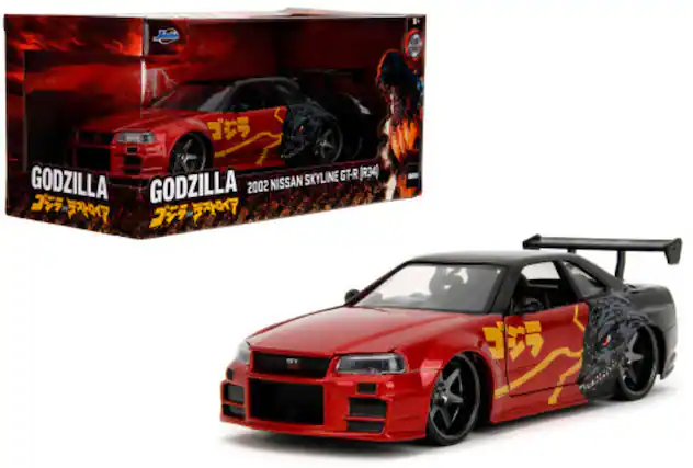 The text on the image is: "2002 NISSAN SKYLINE GT-R (R34) GODZILLA GODZILLA"