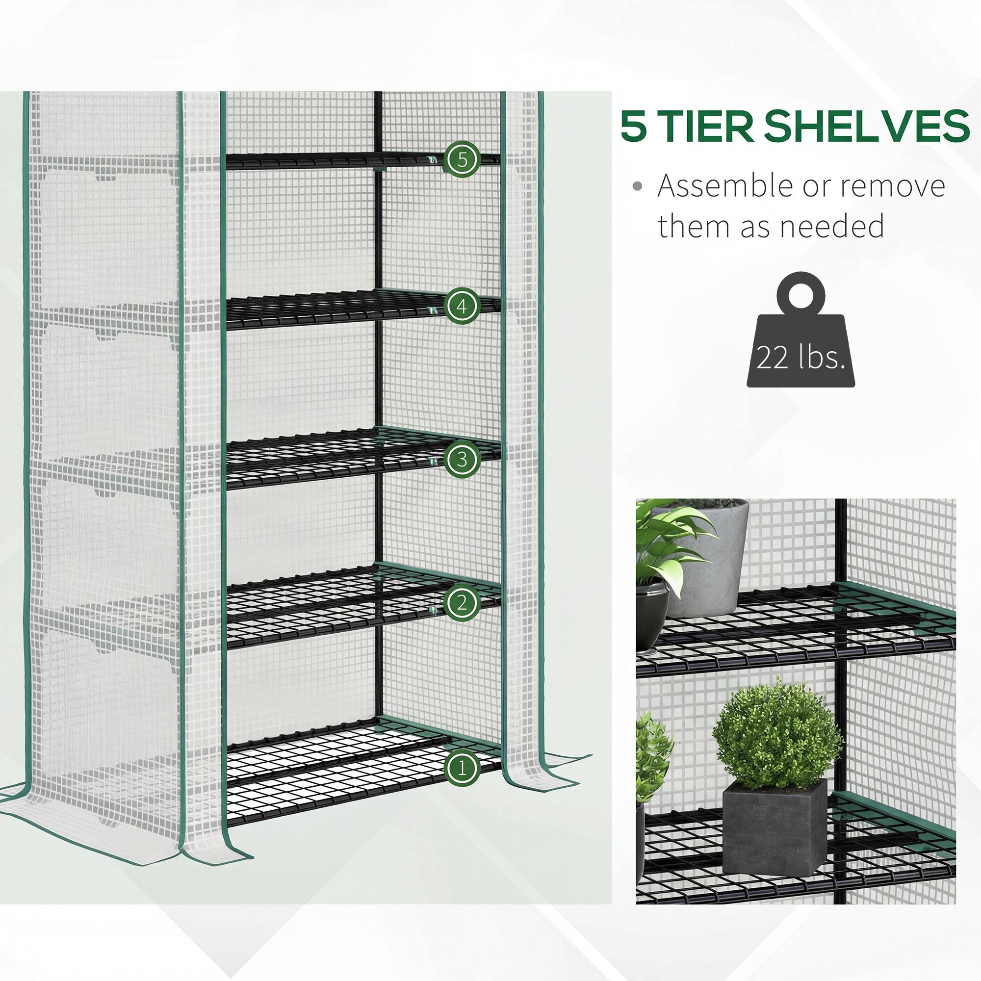 5 TIER SHELVES  
- Assemble or remove them as needed  
22 lbs.