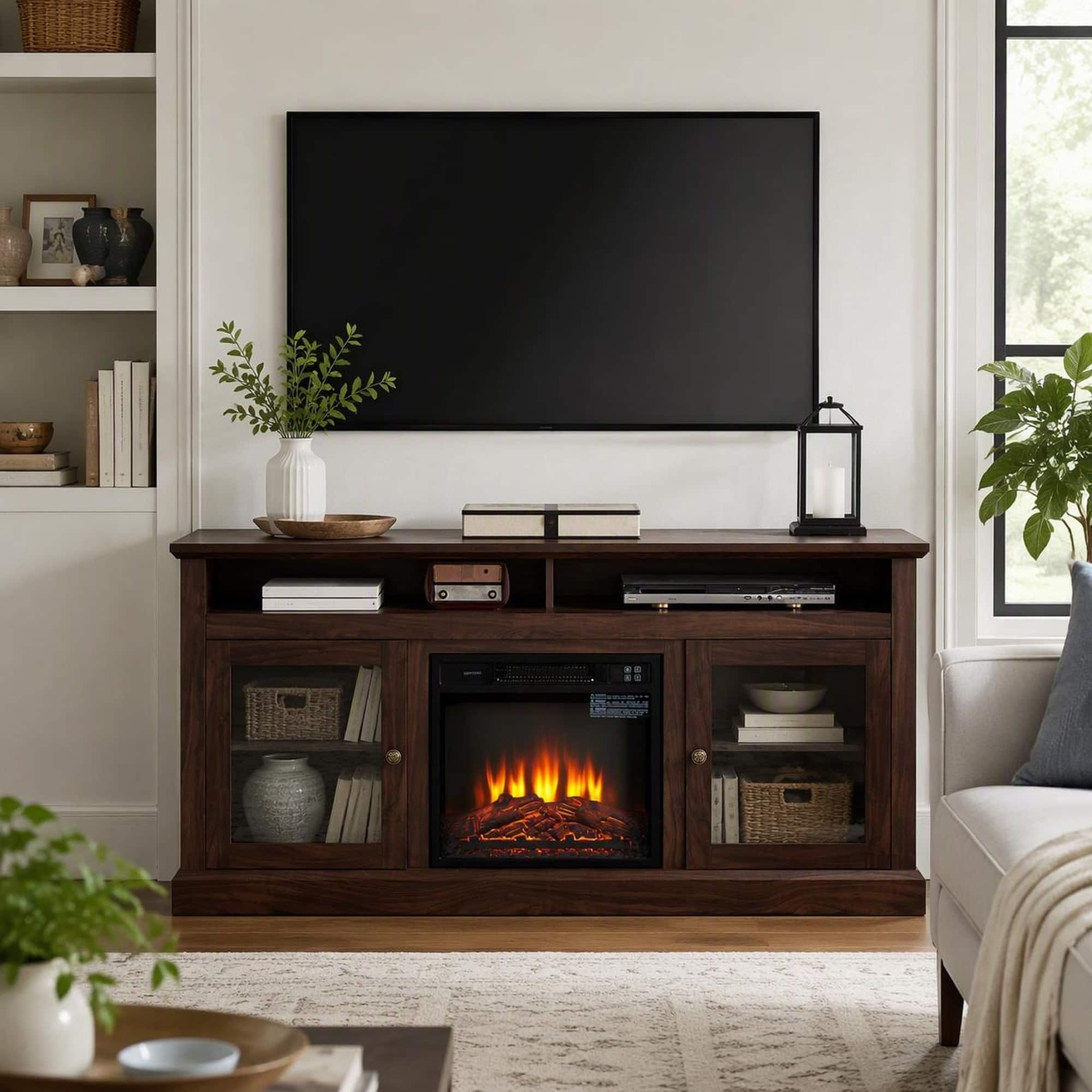RYHNUYNE - Contemporary Media Console with Built-In 18" Electric Fireplace for TVs up to 65" – Wood Entertainment Center - Brown