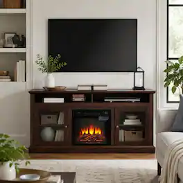 RYHNUYNE - Contemporary Media Console with Built-In 18" Electric Fireplace for TVs up to 65" – Wood Entertainment Center - Brown