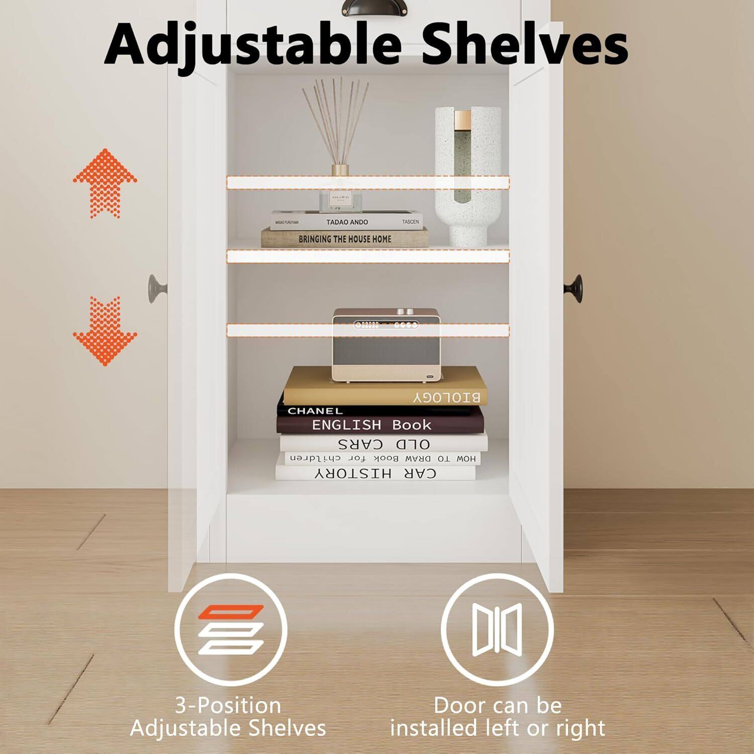 Adjustable Shelves

- Tadao Ando: Bringing the House Home
- Biology
- Chanel English Book
- Cars Old
- Children for Book
- Draw to History Car

3-Position Adjustable Shelves

Door can be installed left or right