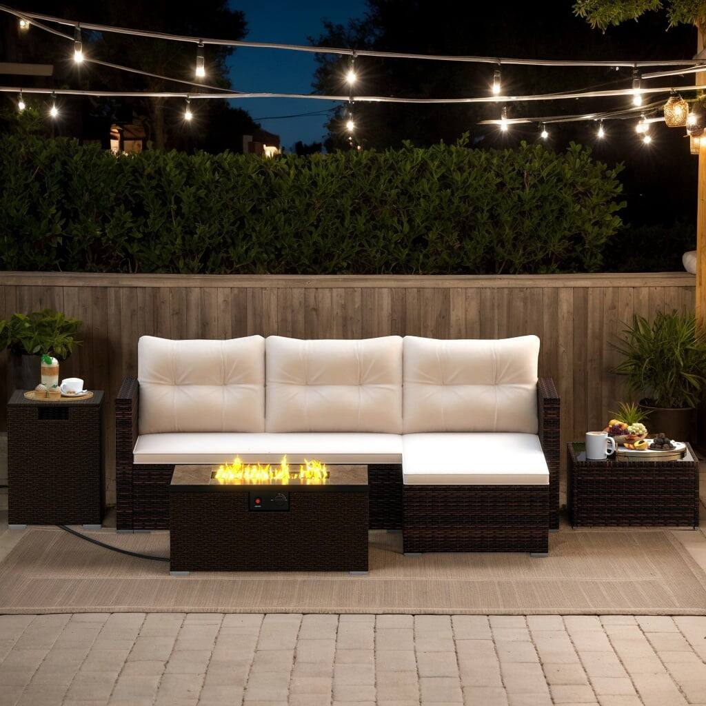 Front. Kadyn - Outdoor & Patio Furniture Sets,4 Pieces Outdoor Furniture Set with 32 Inch Fire Pit Table and Propane Tank Cover - Brown.